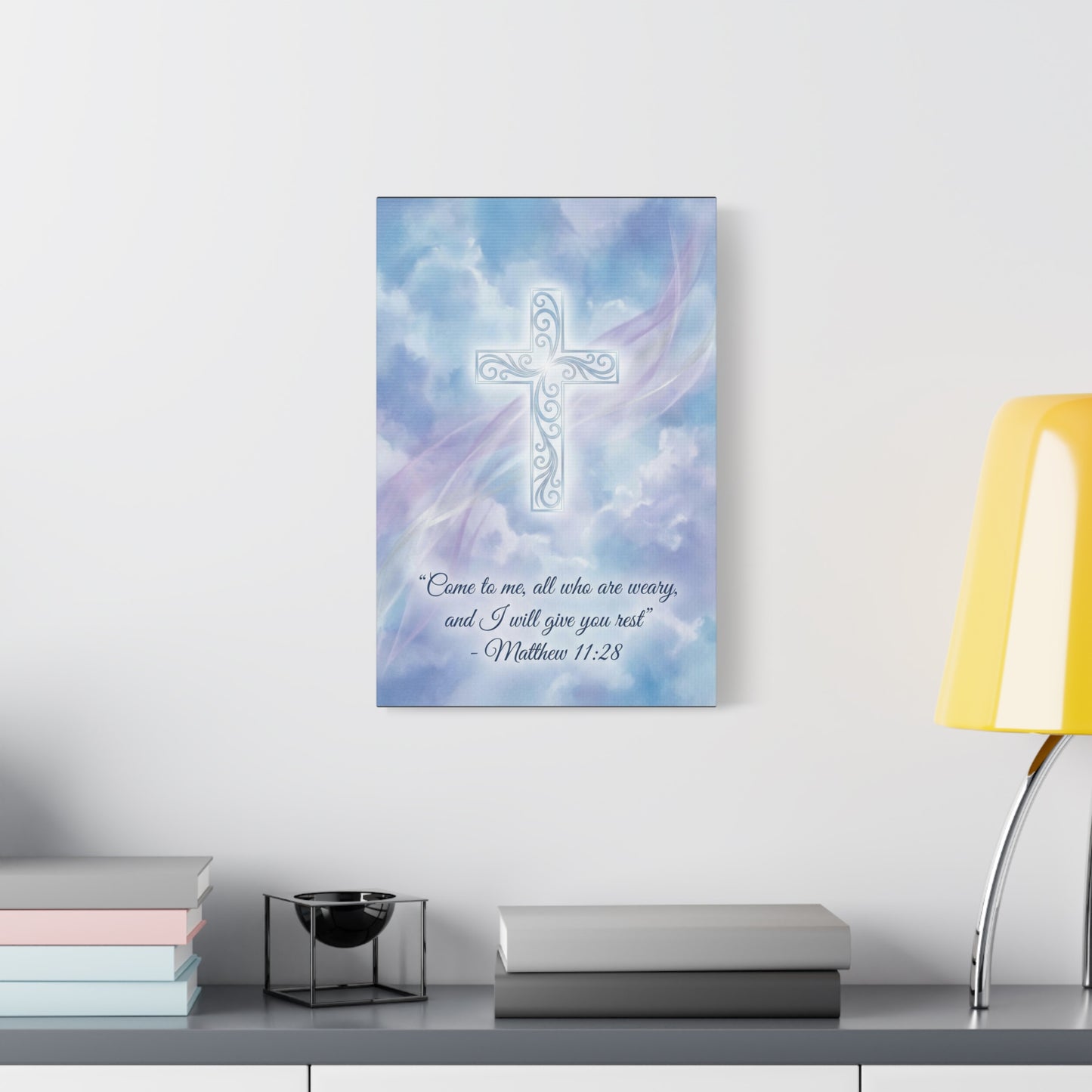 "Come To Me, All Who Are Weary, And I Will Give You Rest" Cross Canvas Wall Art - Matthew 11:28 Scripture Decor, Traditional Christian Wall Hanging, Serene Bedroom Living Room Accent - Ready to Hang