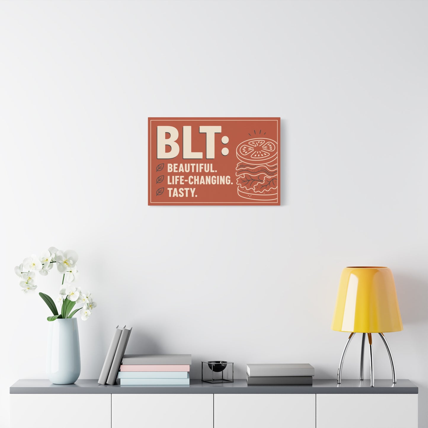 "BLT: Beautiful. Life-Changing. Tasty." Canvas Wall Art - Retro Sandwich Decor - Typography Food Illustration - Modern Farmhouse Style - Deli Wall Decor - Sandwich Shop Sign - Gallery Wrapped Canvas