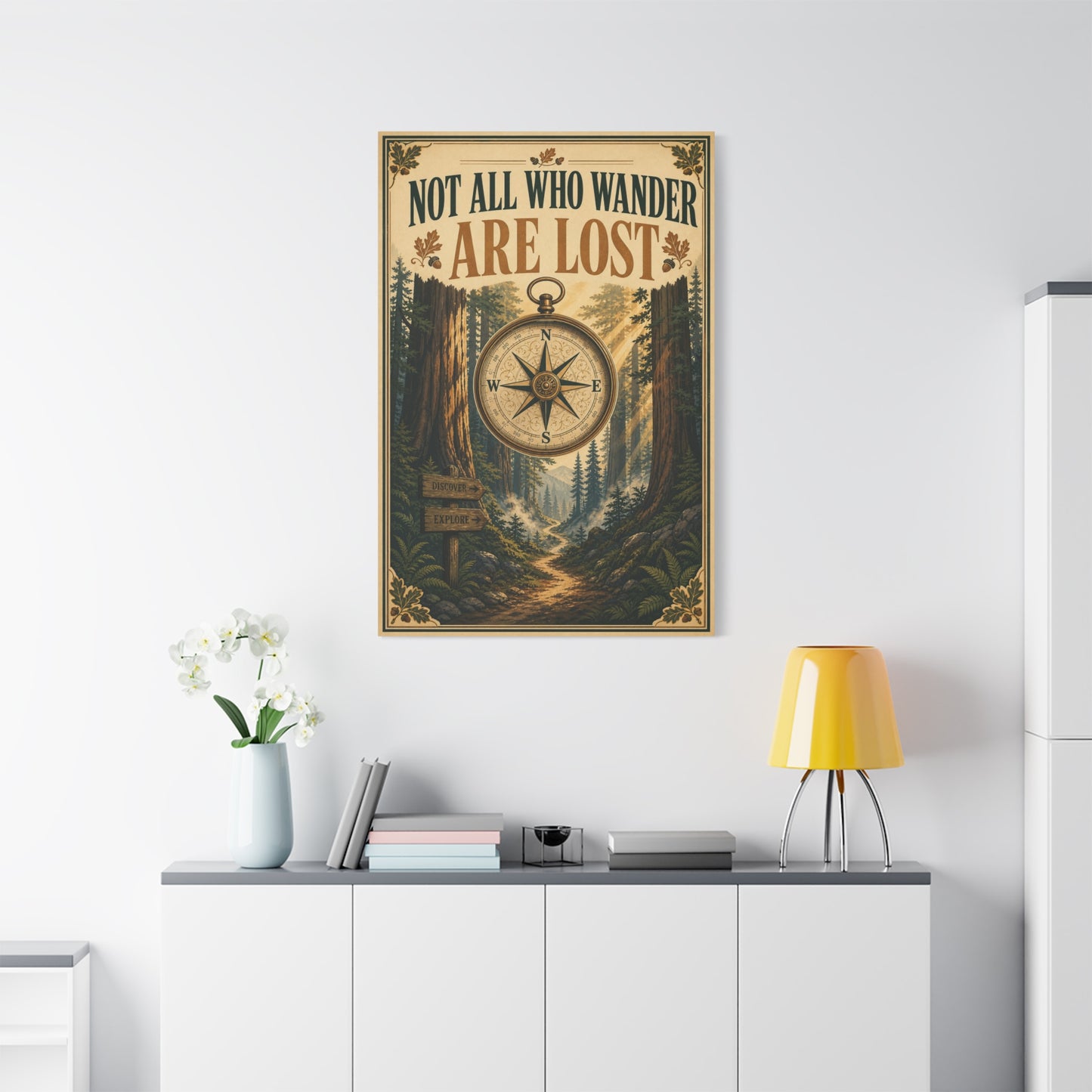 "Not All Who Wander Are Lost" Canvas Wall Art - Forest Compass Quote Print, Vintage Rustic Adventure Decor, Wanderlust Typography Poster Style, Living Room Bedroom Office - Living Room Wall Decor
