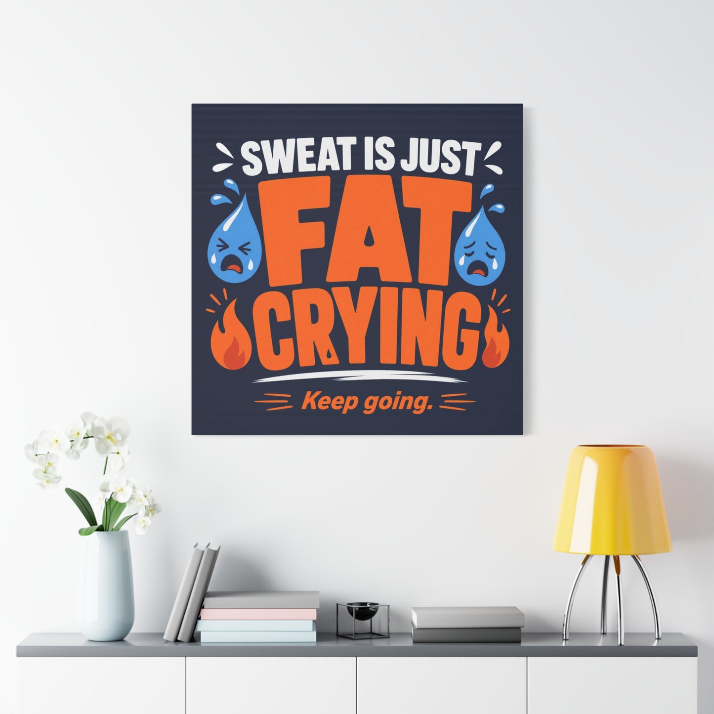 "Sweat Is Just Fat Crying Keep Going" Typography Canvas Wall Art - Funny Gym Motivation Quote Print, Navy Orange Blue Workout Decor - Modern Home Office Wall Decor - Ready to Hang - Ready to Hang