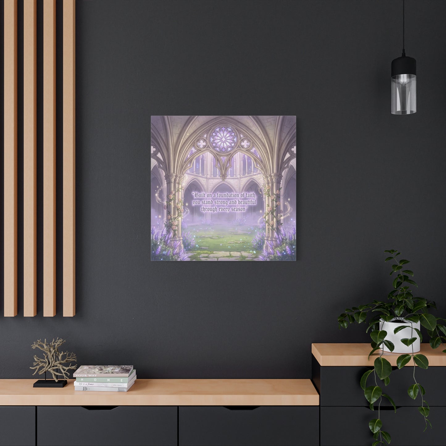 "Built On A Foundation Of Faith, You Stand Strong And Beautiful Through Every Season" Canvas Wall Art - Gothic Cathedral Arch Quote Print - Lavender Floral Decor For Bedroom Living Room