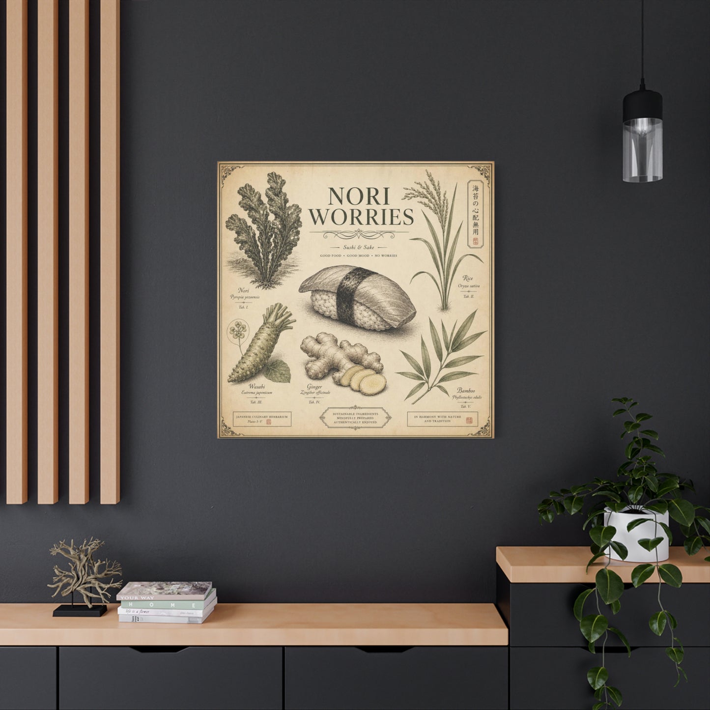 "Nori Worries" Sushi And Sake Canvas Wall Art - Vintage Japanese Culinary Herbarium Print, Rice Nori Wasabi Ginger Bamboo Illustration - Kitchen Wall Decor, Dining Room Accent - Modern Farmhouse Style
