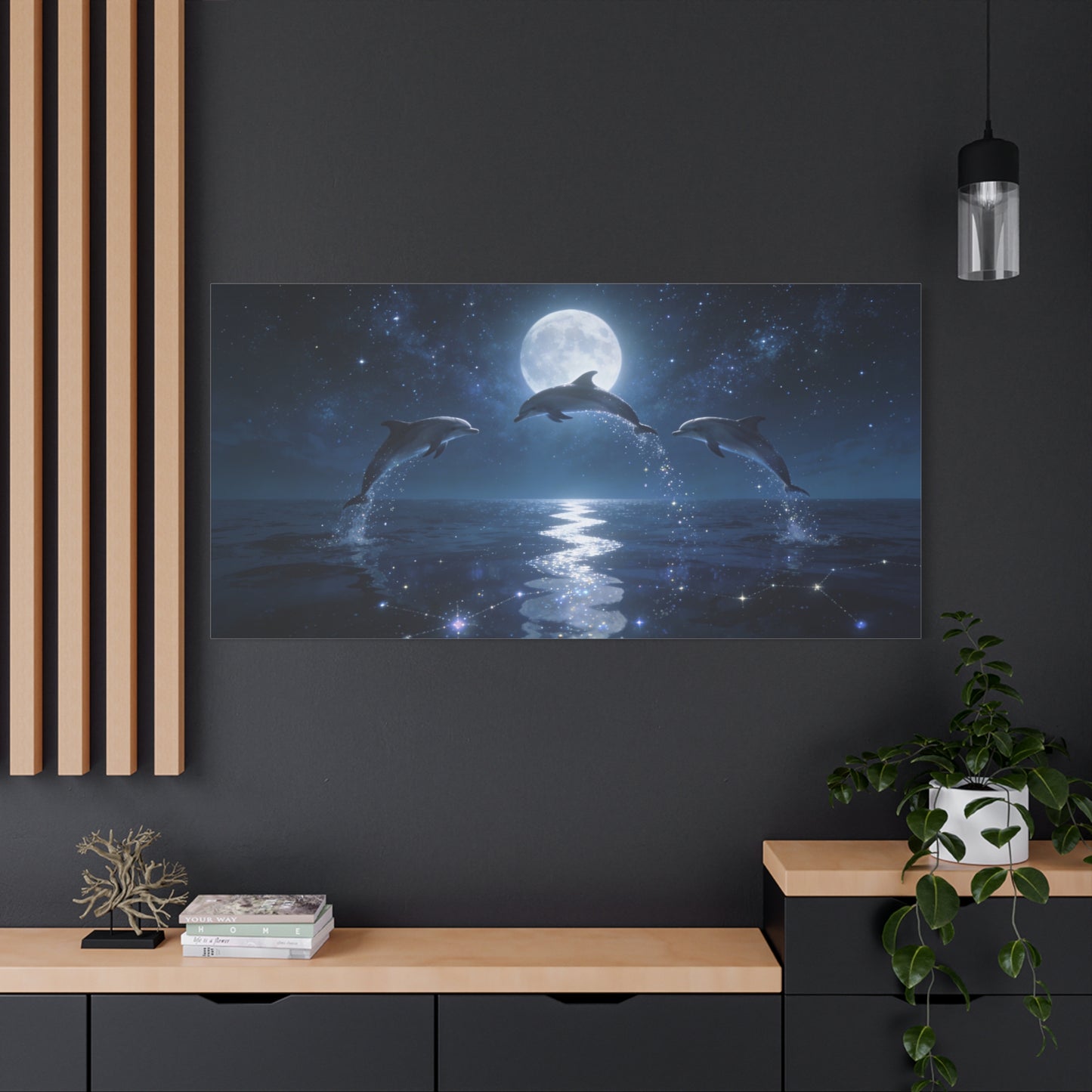 Moonlit Dolphin Canvas Wall Art - Starry Ocean Night Seascape Print - Celestial Blue Marine Decor, Matte Cotton Artwork - Bedroom Wall Decor, Living Room Home Decoration - Bedroom Home Decoration