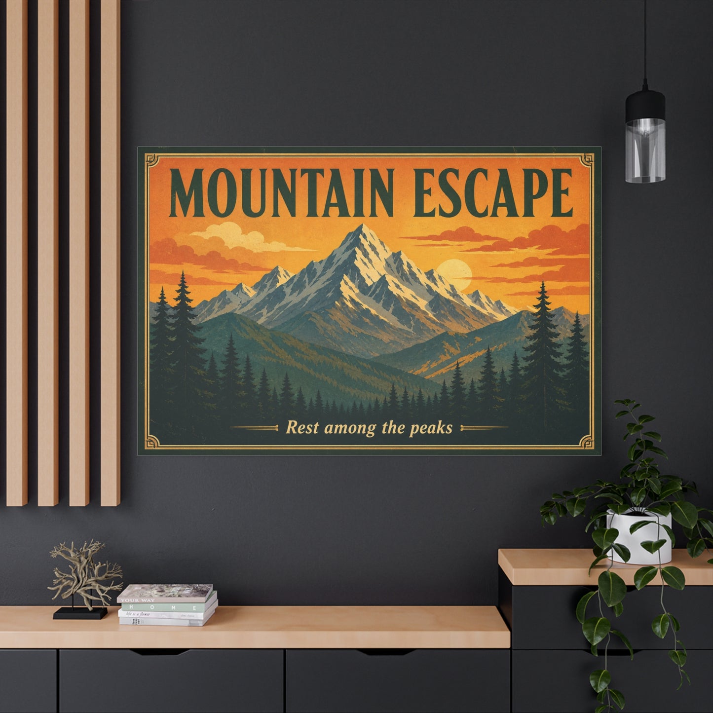 "Mountain Escape" Canvas Wall Art - Vintage Mountain Landscape Print, Sunset Pine Forest Poster Style - "Rest Among The Peaks" - Rustic Cabin Wall Decor, Living Room Home Accent - Ready to Hang