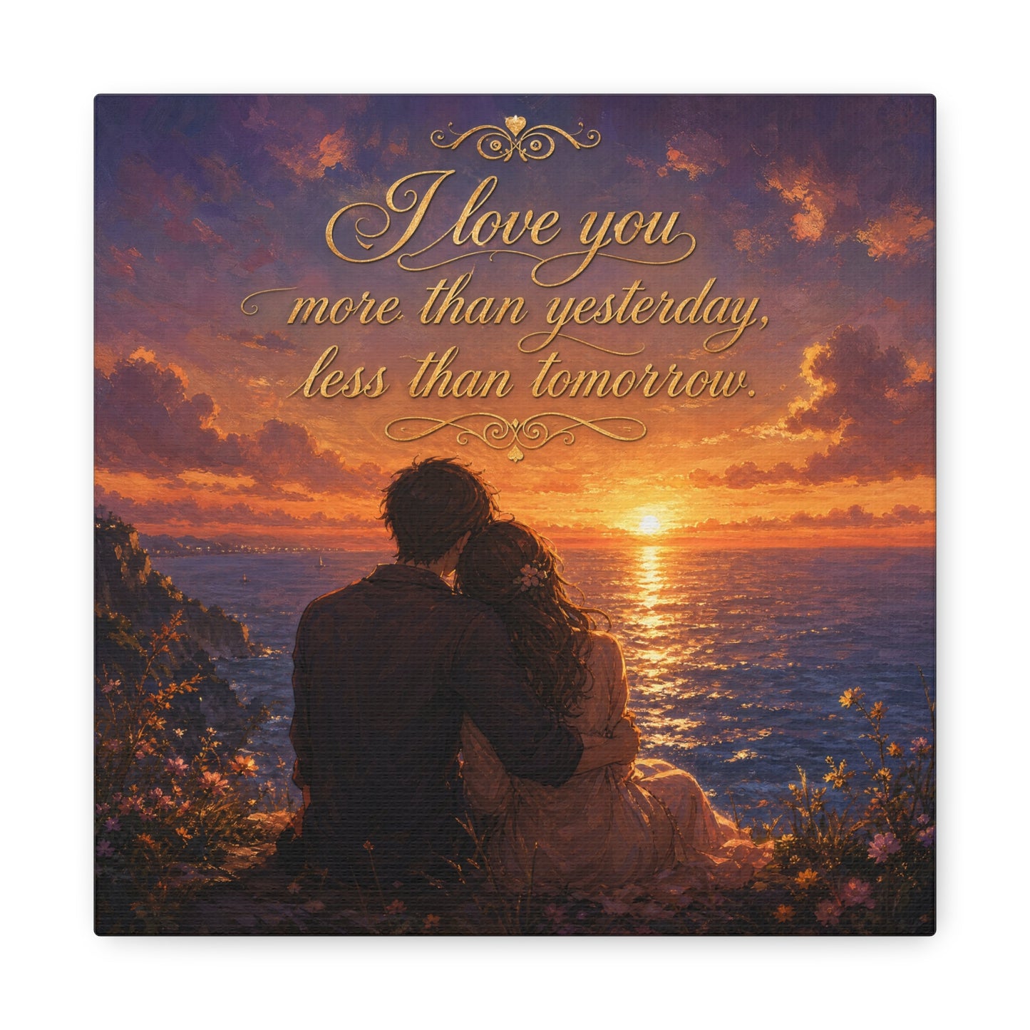 "I Love You More Than Yesterday, Less Than Tomorrow." Love Quote Canvas Wall Art - Romantic Sunset Ocean Couple Silhouette - Gold Script Seascape - Bedroom Wall Decor - Ready to Hang - Ready to Hang