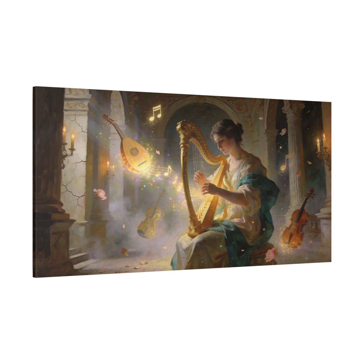 Woman Playing Harp Canvas Wall Art - Romantic Music Painting, Glowing Notes, Violin And Lute - Matte Cotton Print - Traditional Style, Living Room Wall Decor, Bedroom Accent - Bedroom Home Decoration