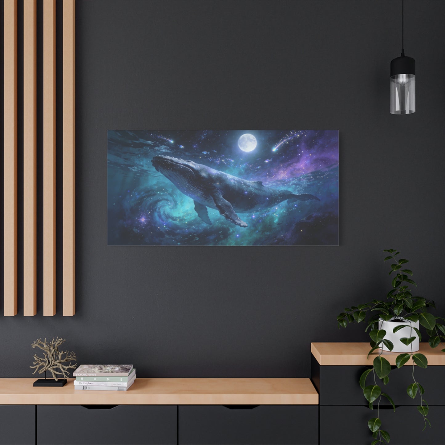 Humpback Whale Canvas Wall Art - Celestial Ocean Galaxy Painting, Moonlit Space Seascape Print - Matte Cotton Canvas - Contemporary Fantasy Style - Living Room Wall Decor - Bedroom Home Decoration