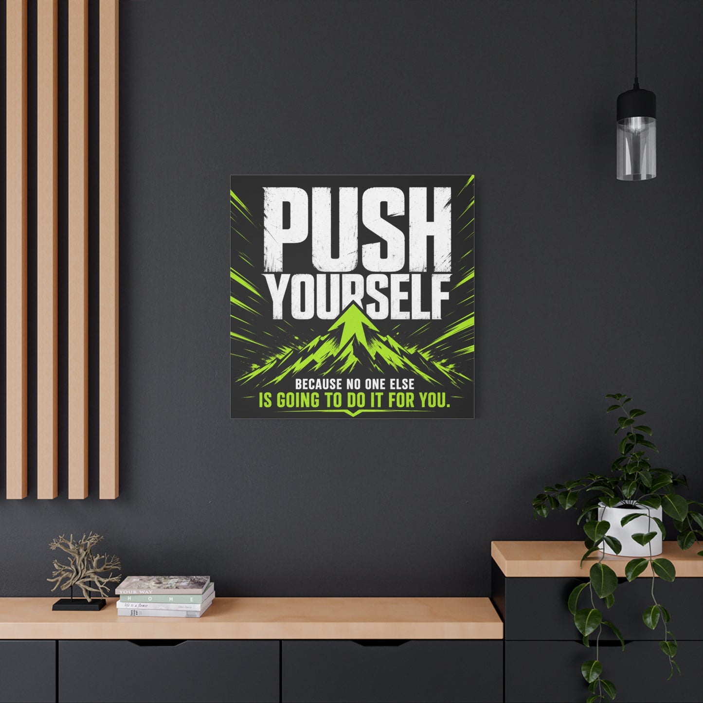"Push Yourself Because No One Else Is Going To Do It For You" Motivational Canvas Wall Art - Bold Typography Quote Print, Modern Black Neon Green Design - Home Office Wall Decor, Teen Room