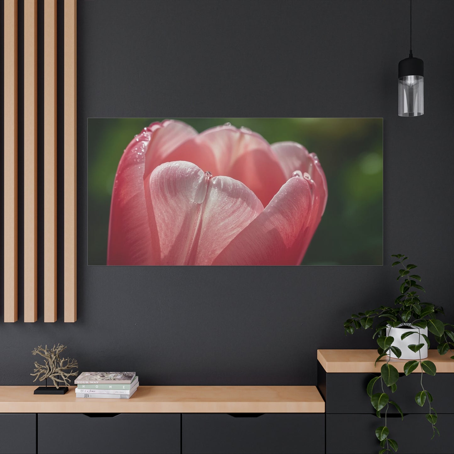 Pink Tulip Canvas Wall Art - Macro Floral Art Print, Dew Drop Petals - Matte Botanical Print - Contemporary Nature Style - Bedroom Wall Decor, Bathroom Home Accent - Bedroom Home Decoration