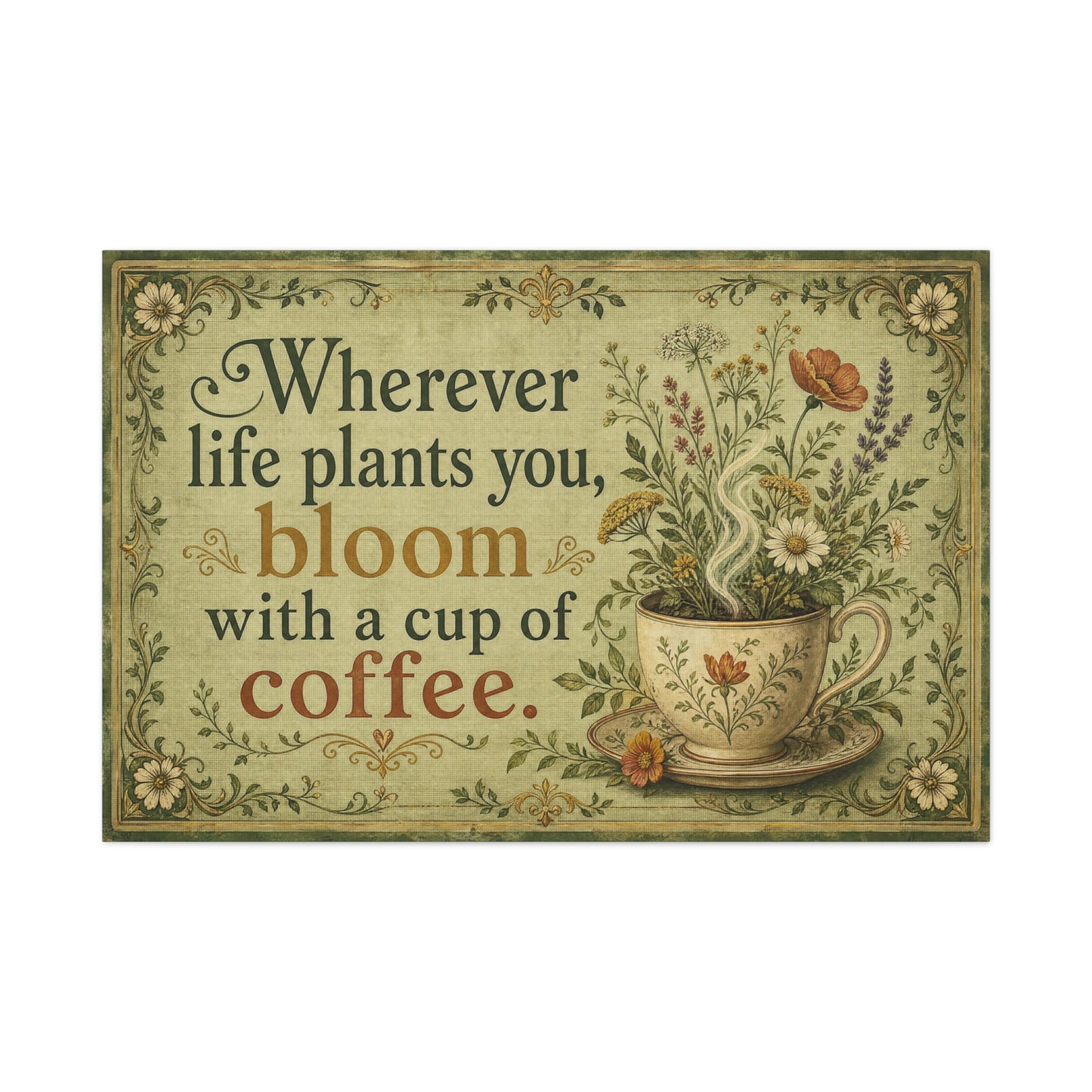 "Wherever Life Plants You, Bloom With A Cup Of Coffee." Canvas Wall Art - Vintage Floral Coffee Quote Print, Farmhouse Decor - Office Wall Art - Bistro Decor - Espresso Bar Sign - Ready to Hang