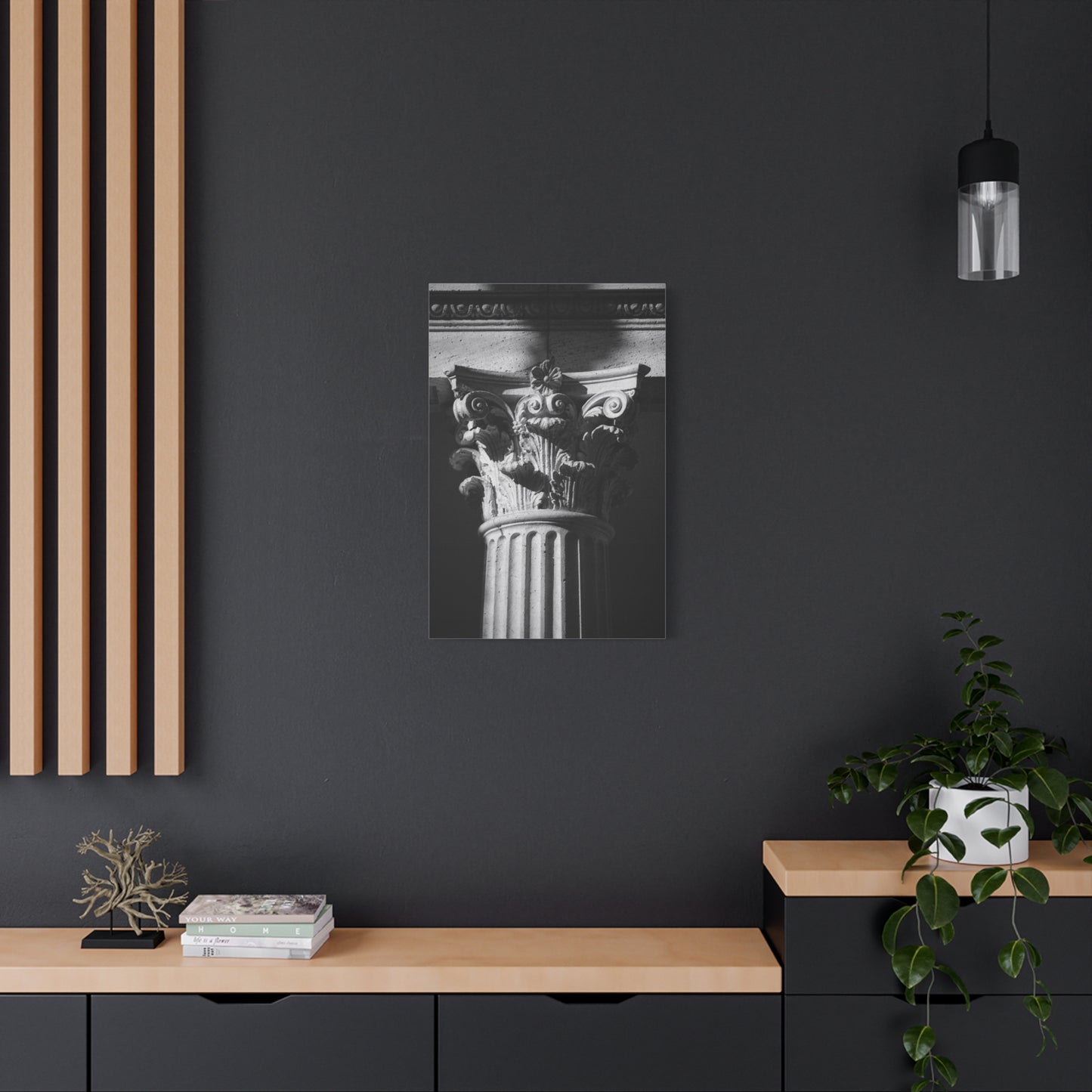 Black And White Corinthian Column Canvas Wall Art - Architectural Art Print, Dramatic Light, Matte Cotton Decor - Modern Minimalist Living Room Wall Decor, Office Art - Bedroom Home Decoration