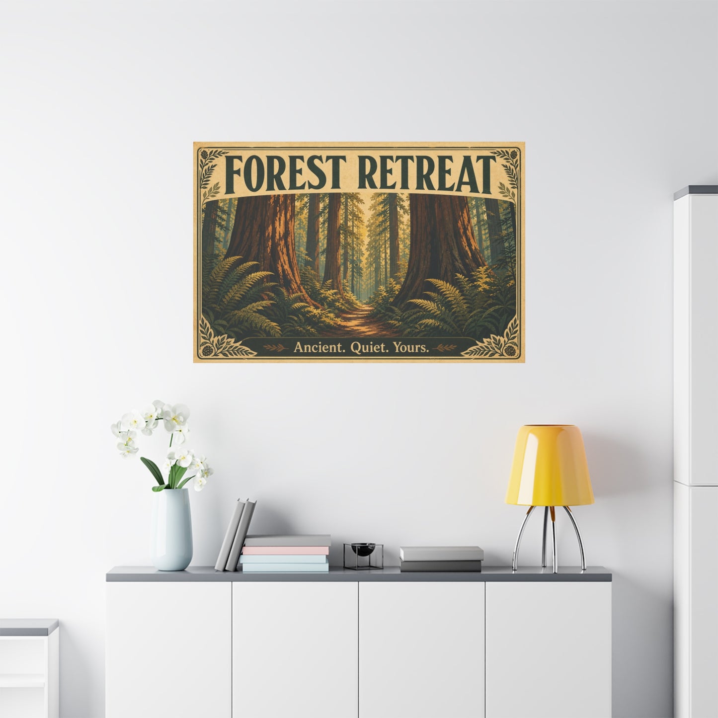 "Forest Retreat" Canvas Wall Art - Vintage Redwood Forest Path Print, Rustic Woodland Home Decor - Ancient. Quiet. Yours. - Cabin Style Living Room Decoration, Bedroom Wall Hanging - Ready to Hang