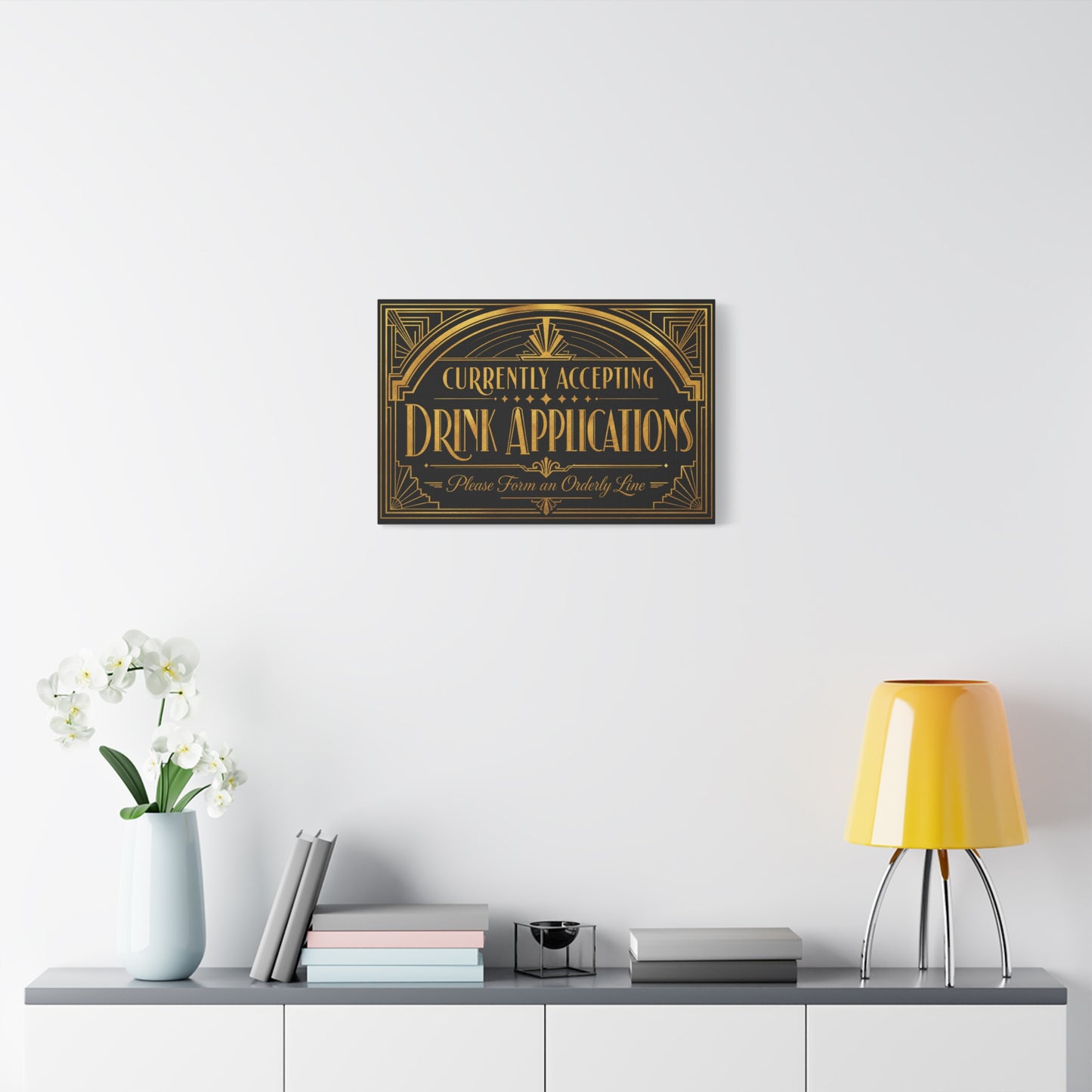 "Currently Accepting Drink Applications" Canvas Wall Art - Art Deco Typography Bar Sign, Black And Gold Humor Decor, Vintage Cocktail Lounge Style, Home Bar Accent - Ready to Hang - Tavern Wall Decor