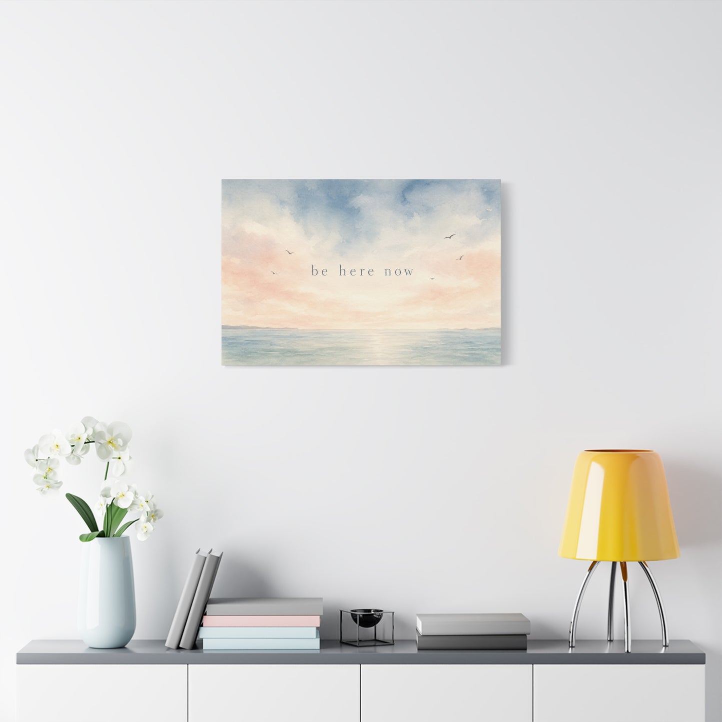"Be Here Now" Coastal Canvas Wall Art - Pastel Ocean Seascape With Birds - Minimalist Inspirational Wall Decor - Serene Bedroom Home Decoration - Meditation Space Office Art - Bedroom Home Decoration
