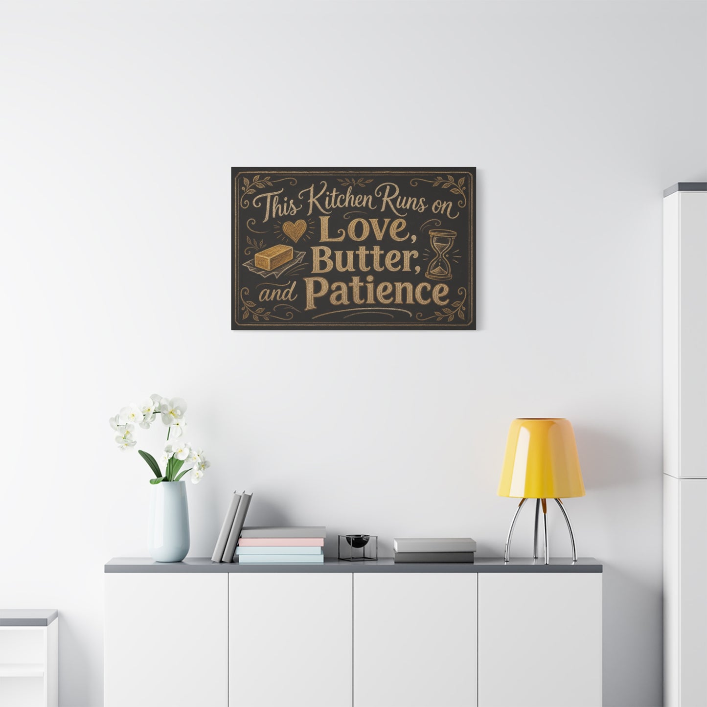"This Kitchen Runs On Love, Butter, And Patience" Canvas Wall Art - Rustic Typography Kitchen Decor - Chalkboard Style Cotton Print - Ready to Hang