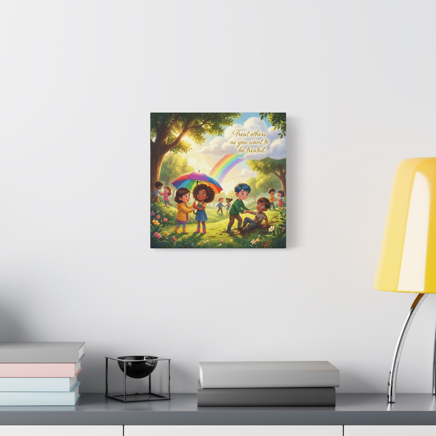 "Treat Others As You Want To Be Treated" Kids Canvas Wall Art - Rainbow Kindness Quote, Children Helping In Sunny Park - Matte Cotton Print - Playroom Classroom Decor, Nursery Wall Hanging