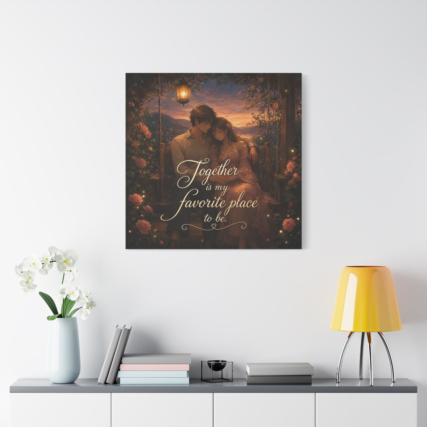 "Together Is My Favorite Place To Be" Romantic Couple Canvas Wall Art - Lantern Swing Sunset Lake Scene, Floral Garden Love Quote Print - Vintage Bedroom Decor - Office Wall Art - Ready to Hang