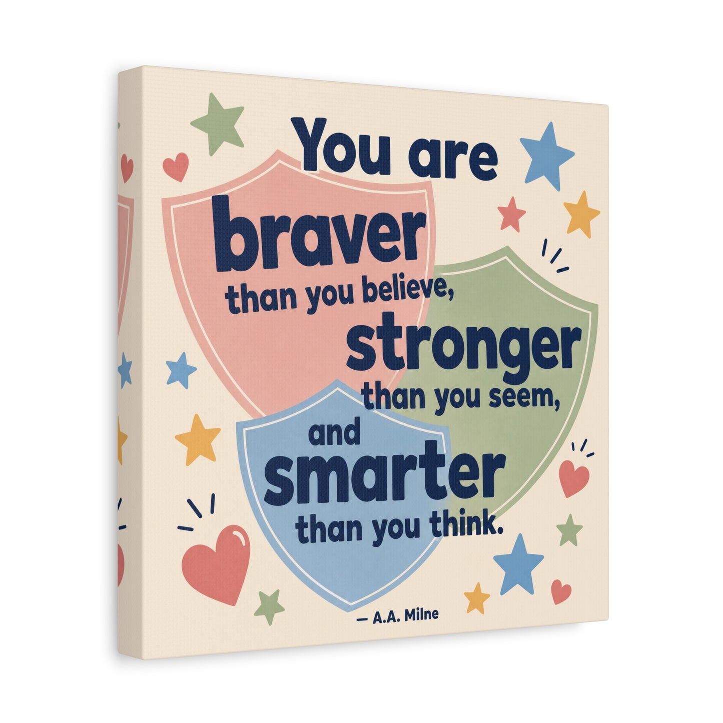 "You Are Braver, Stronger, Smarter" Quote Canvas Wall Art - Kids Inspirational Typography Print, Pastel Shield Stars Hearts Design - Nursery Bedroom Classroom Decor - Office Wall Art - Ready to Hang