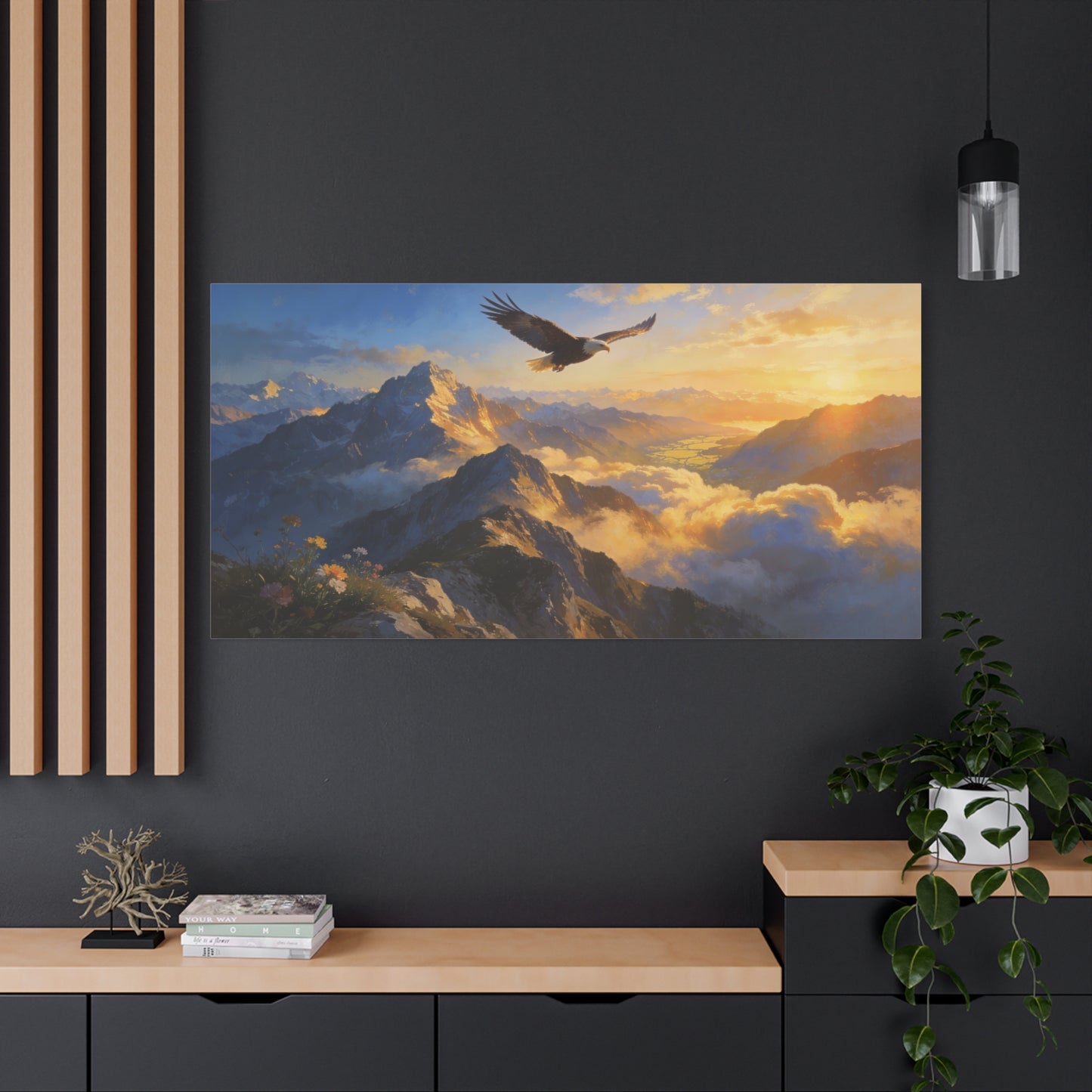 Bald Eagle Canvas Wall Art Mountain Sunrise Landscape - Golden Sky Alpine Peaks, Dramatic Wildlife Vista - Matte Finish Canvas Print - Living Room Wall Decor, Office Art Accent - Ready to Hang
