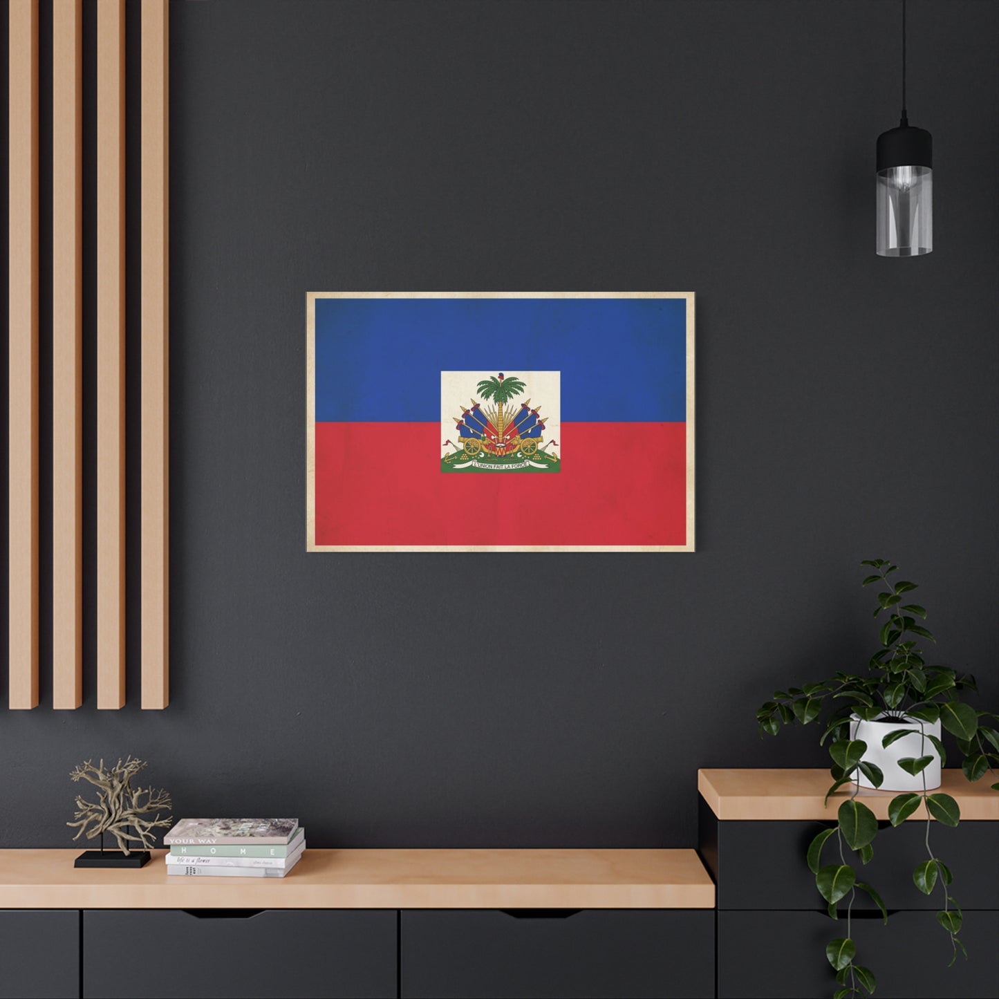 Haiti Flag Canvas Wall Art - Haitian Flag Print With Coat Of Arms, Patriotic Blue Red Banner - Framed Look Matte Canvas - Living Room Wall Decor, Bedroom Home Decoration - Bedroom Home Decoration