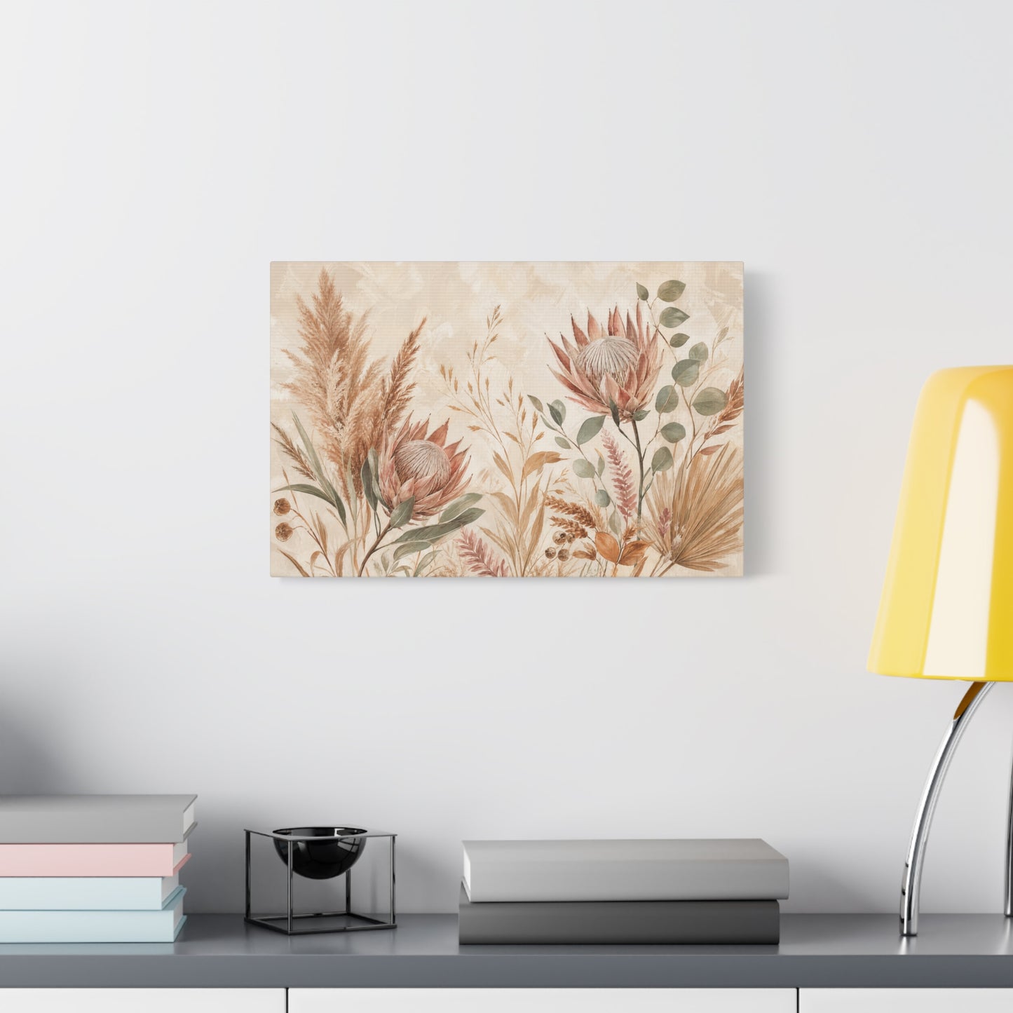 Protea Botanical Canvas Wall Art - Pampas Grass, Eucalyptus Floral Print - Neutral Boho Farmhouse Decor - Beige Sage Nature Painting - Ready to Hang