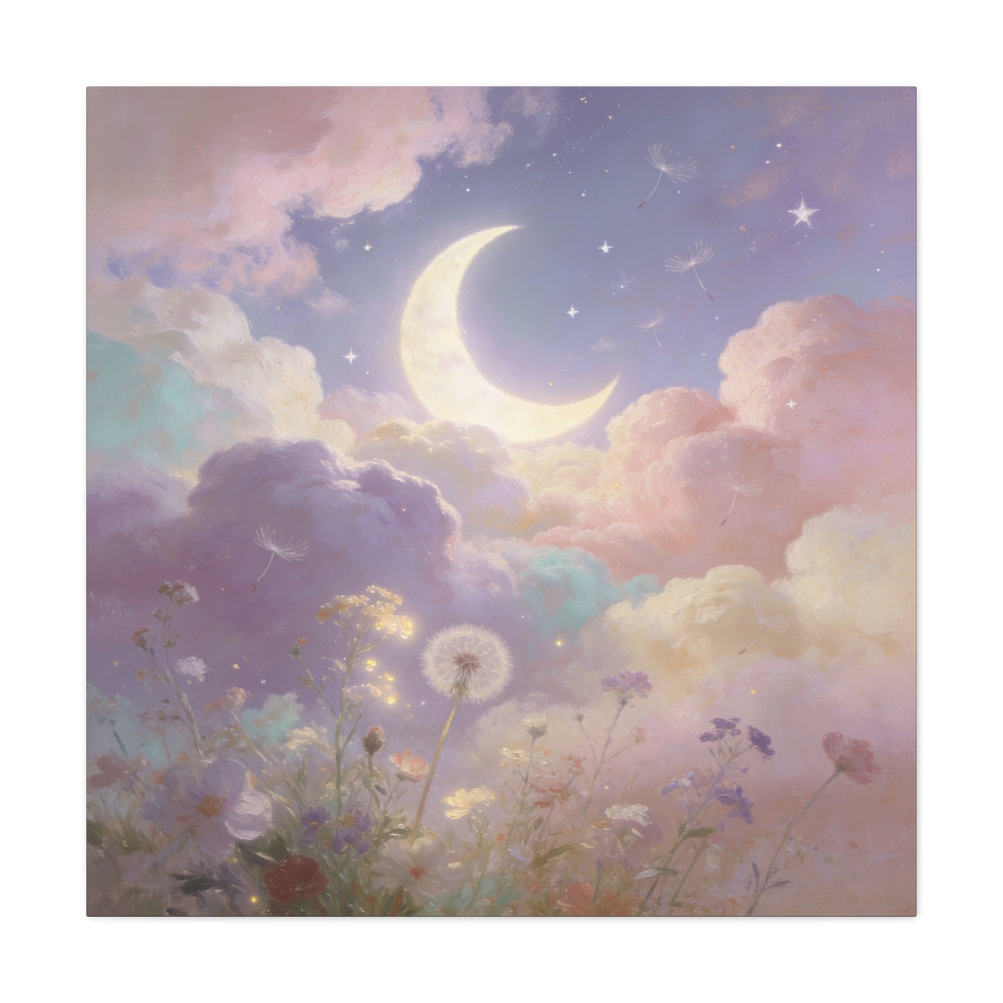 Crescent Moon Canvas Art Print - Dreamy Pastel Clouds, Dandelion Sky, Celestial Floral Scene - Cotton Matte Artwork - Lavender Nursery Accent, Bedroom Decoration, Meditation Space Decor