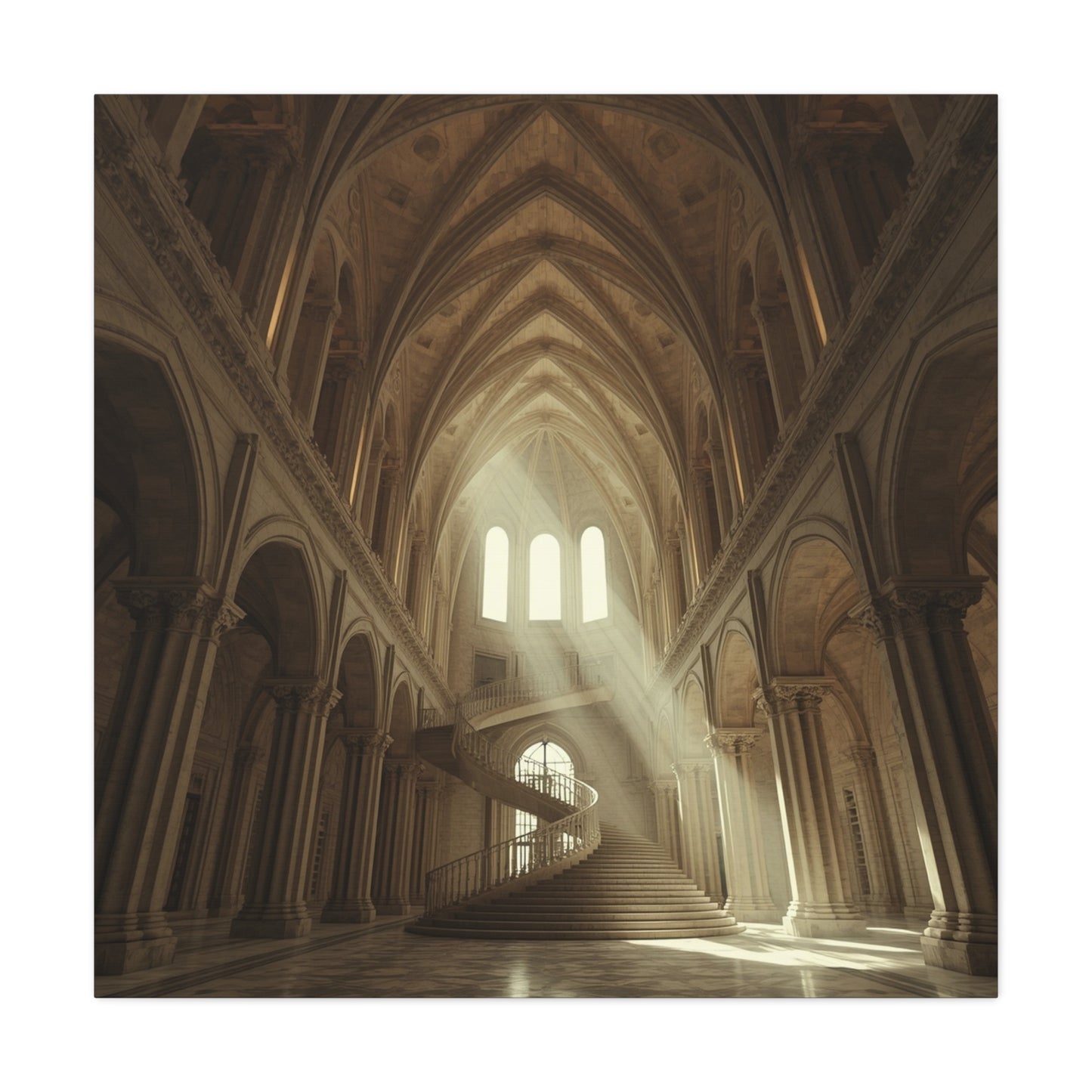 Gothic Cathedral Interior Canvas Wall Art - Sunlit Spiral Staircase, Religious Architecture Print - Matte Cotton Canvas - Traditional Style - Living Room Wall Decor, Office Art - Ready to Hang