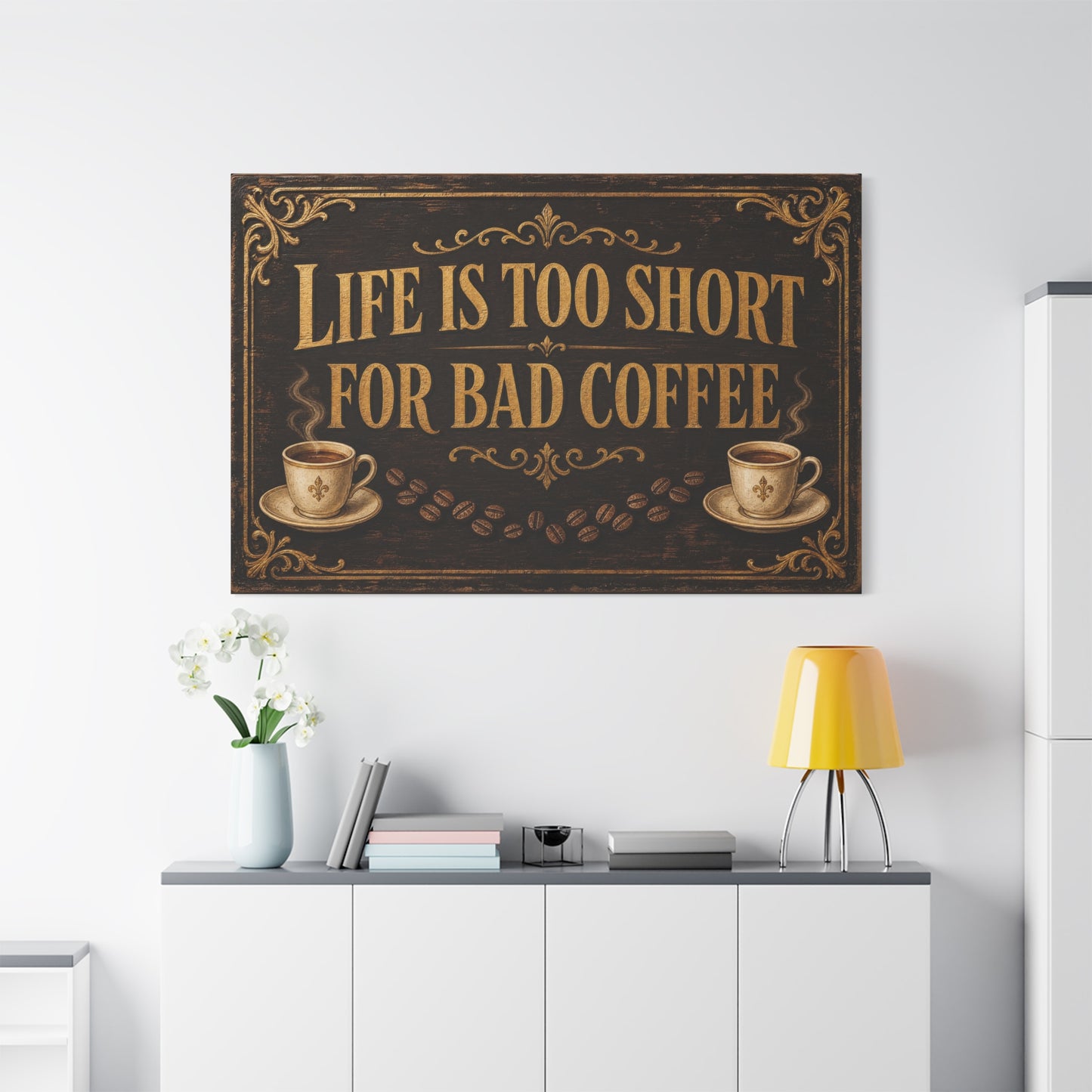 "Life Is Too Short For Bad Coffee" Canvas Wall Art - Vintage Coffee Quote Decor, Rustic Brown Typography Print, Farmhouse Cafe Wall Hanging - Ready to Hang - Bistro Decor - Espresso Bar Sign