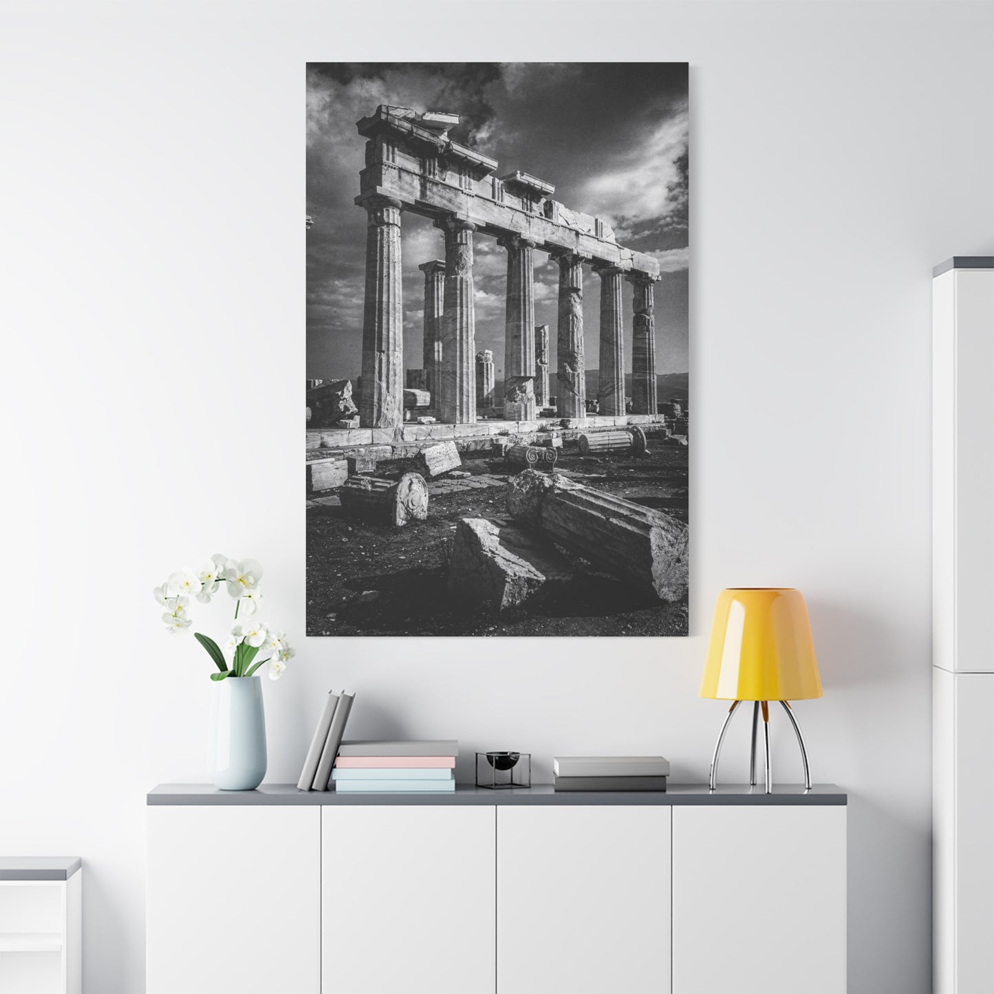 Ancient Greek Temple Ruins Canvas Wall Art - Black And White Architectural Art Print, Dramatic Sky, Vintage Classical Style - Living Room Wall Decor, Office Art Accent - Modern Farmhouse Style
