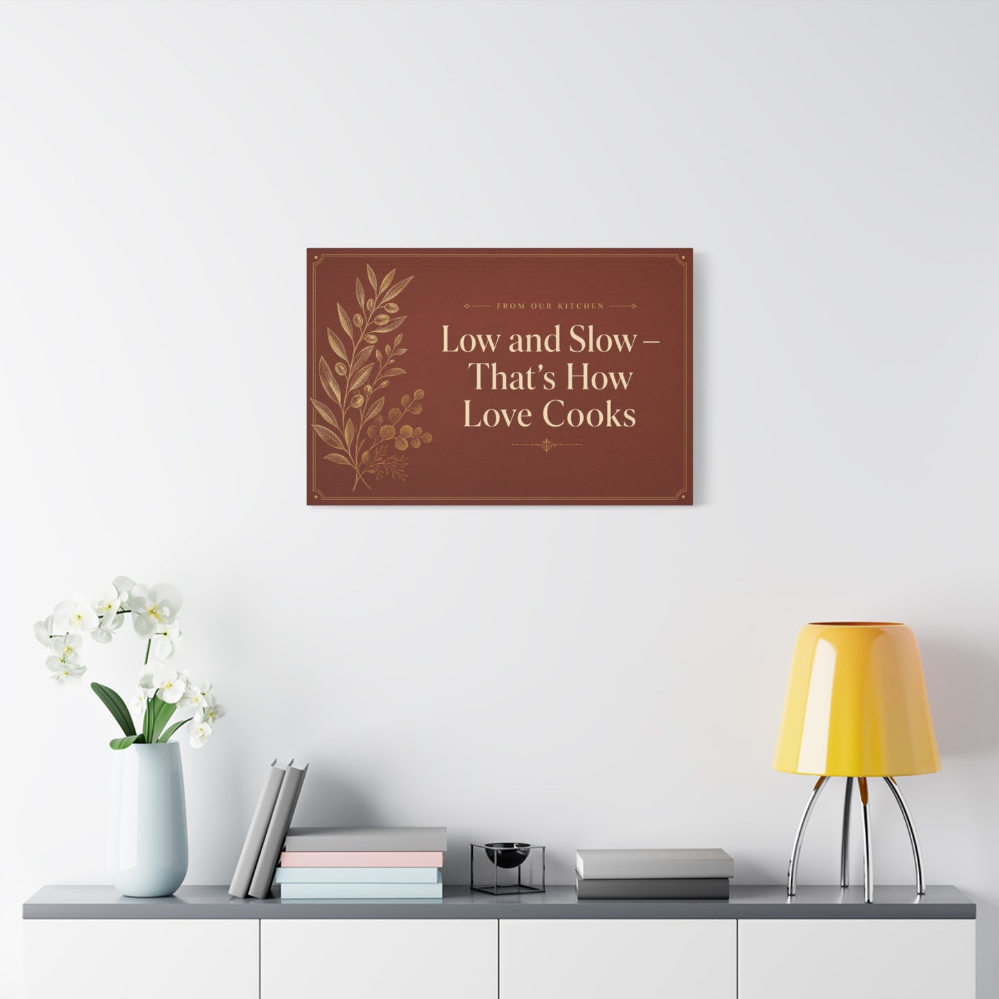 "Low And Slow - That's How Love Cooks" Kitchen Canvas Wall Art - Rustic Typography Botanical Print - Brown Farmhouse Dining Room Decor - Office Wall Art - Bedroom Home Decoration - Ready to Hang
