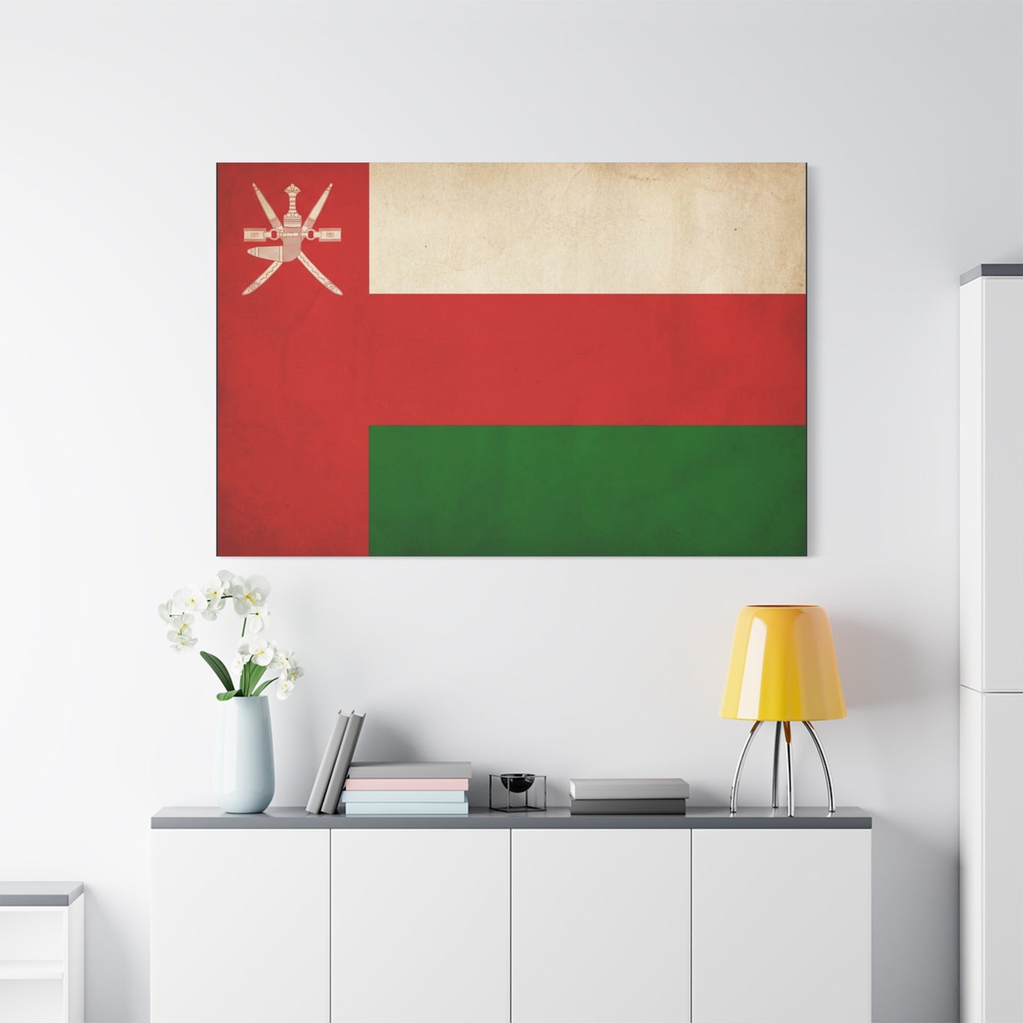 Oman Flag Canvas Wall Art - Vintage Sultanate Banner Print, Red White Green Emblem Decor - Patriotic Traditional Style - Living Room Home Decoration - Bedroom Home Decoration - Living Room Wall Decor