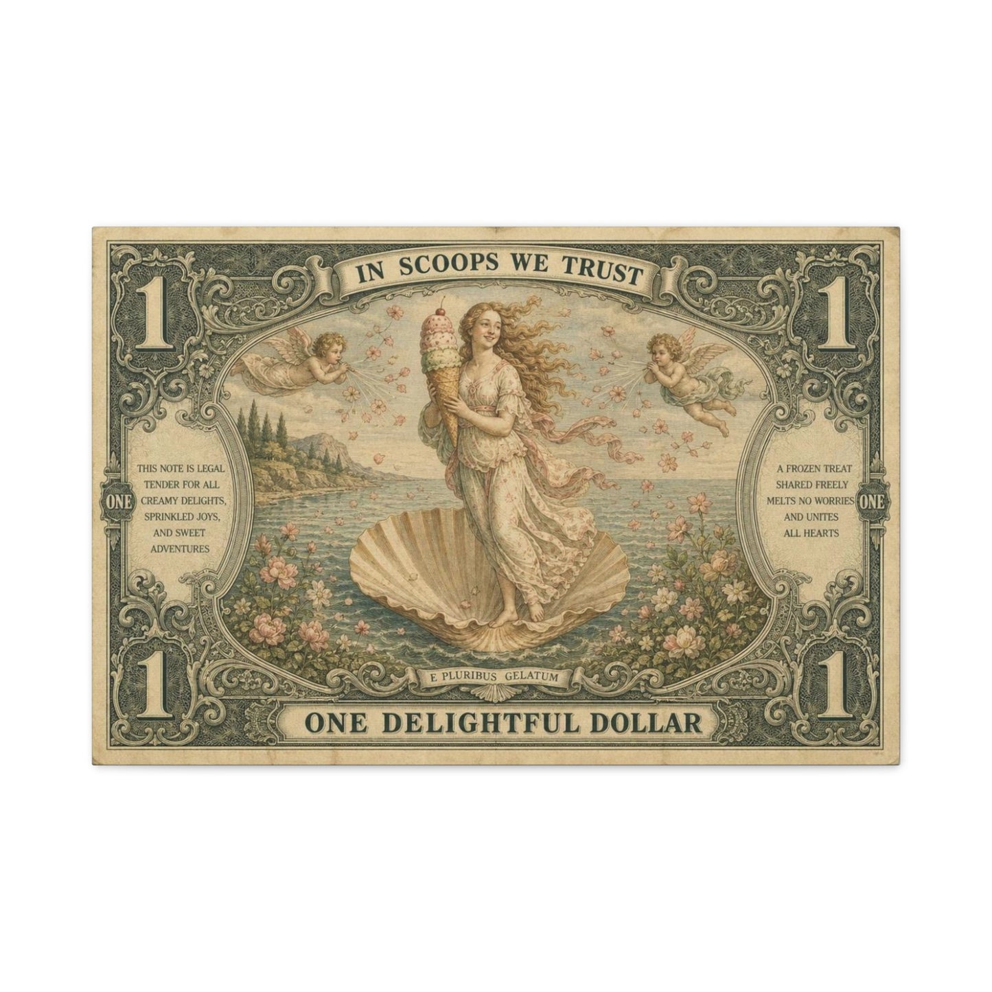 "In Scoops We Trust" Ice Cream Venus Canvas Wall Art - Vintage Parody Currency Print, Mythological Seaside Illustration, Whimsical Retro Decor, Living Room Bedroom Office Accent - Office Wall Art