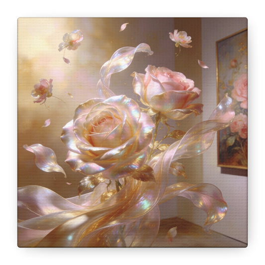 Iridescent Pink Rose Canvas Wall Art - Pearlescent Floral Wall Decor, Dreamy Botanical Home Decoration - Luminous Matte Canvas Print - Romantic Contemporary Style, Bedroom Accent - Ready to Hang