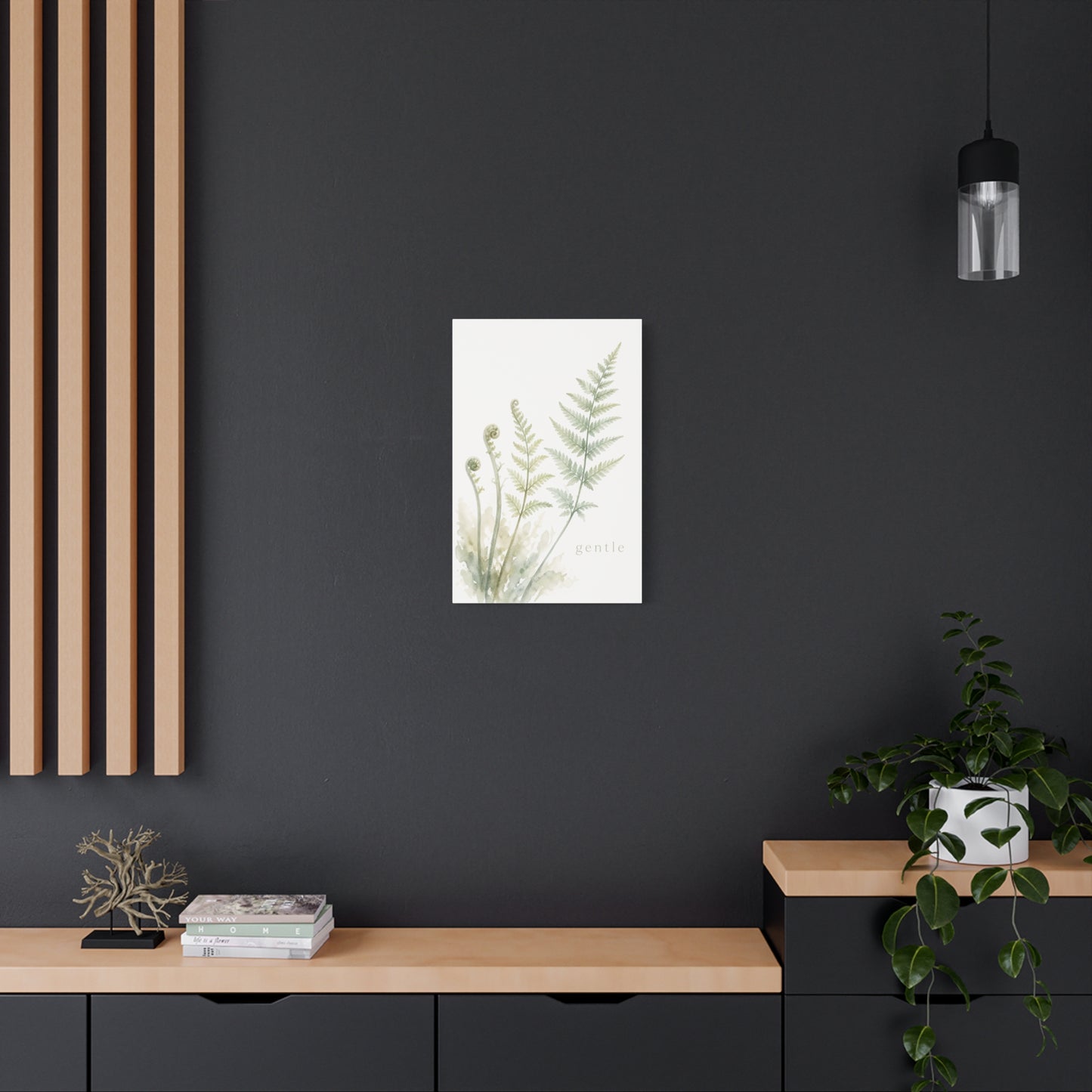 "Gentle" Fern Botanical Canvas Wall Art - Watercolor Green Leaf Print, Minimalist Nature Decor - Calming Bedroom Wall Decor, Bathroom Decoration, Spa Style Home Accent - Bedroom Home Decoration
