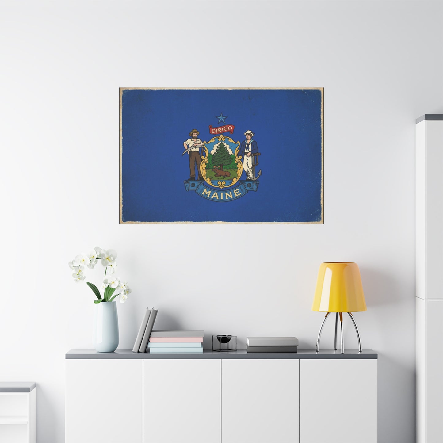 Maine State Flag Canvas Wall Art - Dirigo Vintage Blue Flag Print, Rustic Patriotic Decor - Distressed Illustration Style - Living Room Wall Decor, Office Art Accent - Bedroom Home Decoration
