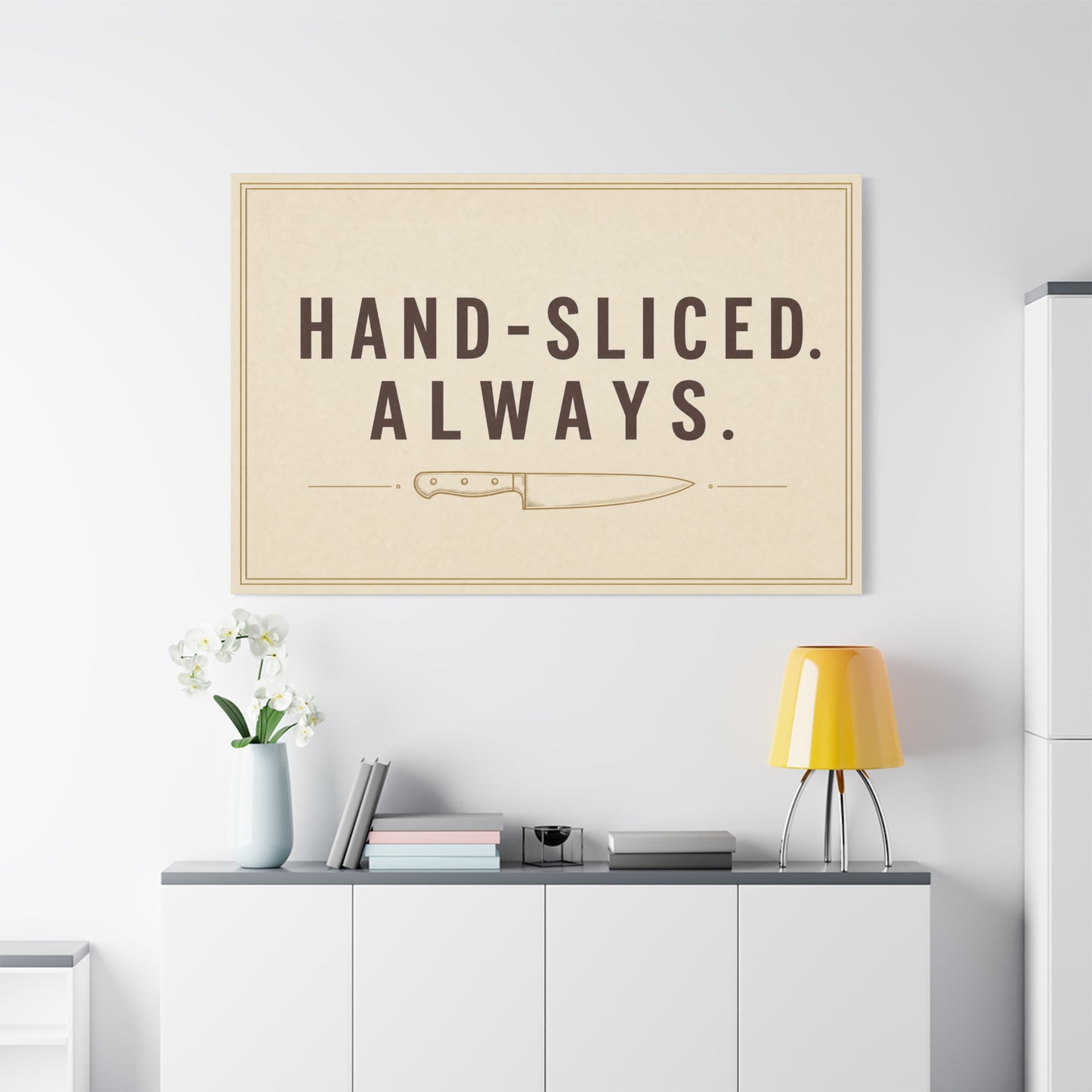 "Hand-Sliced. Always." Kitchen Canvas Wall Art - Vintage Knife Typography Print - Rustic Farmhouse Wall Decor, Dining Room Home Decoration, Funny Kitchen Sign - Bedroom Home Decoration - Ready to Hang