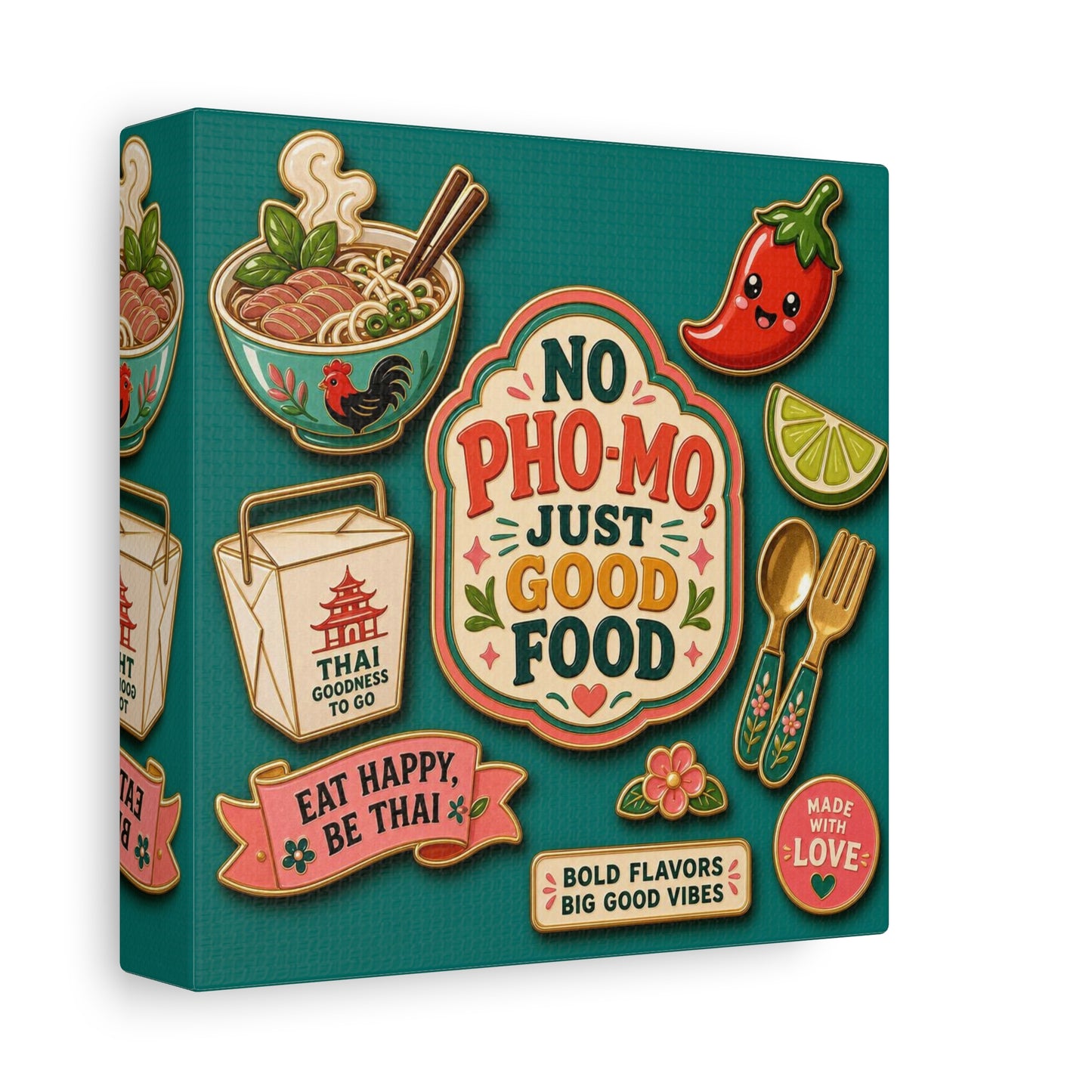 "No Pho-Mo Just Good Food" Canvas Wall Art - Thai Food Quote Kitchen Decor - Colorful Illustration Print, Retro Typography Style - Dining Room Accent, Cafe Wall Decor - Bedroom Home Decoration