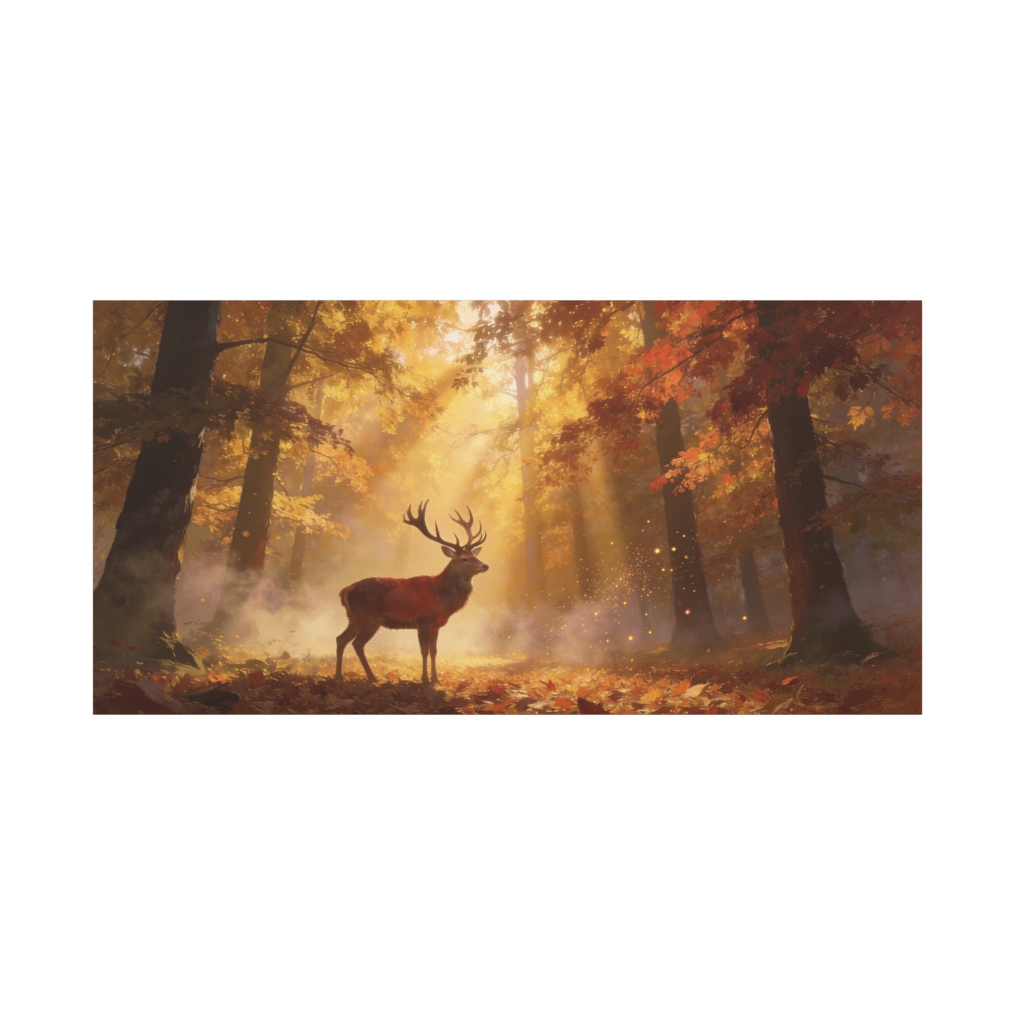 Stag Forest Canvas Wall Art - Golden Sunbeams, Misty Autumn Woodland - Matte Canvas Print - Rustic Nature Style - Living Room Wall Decor, Bedroom Home Decoration, Office Art - Bedroom Home Decoration