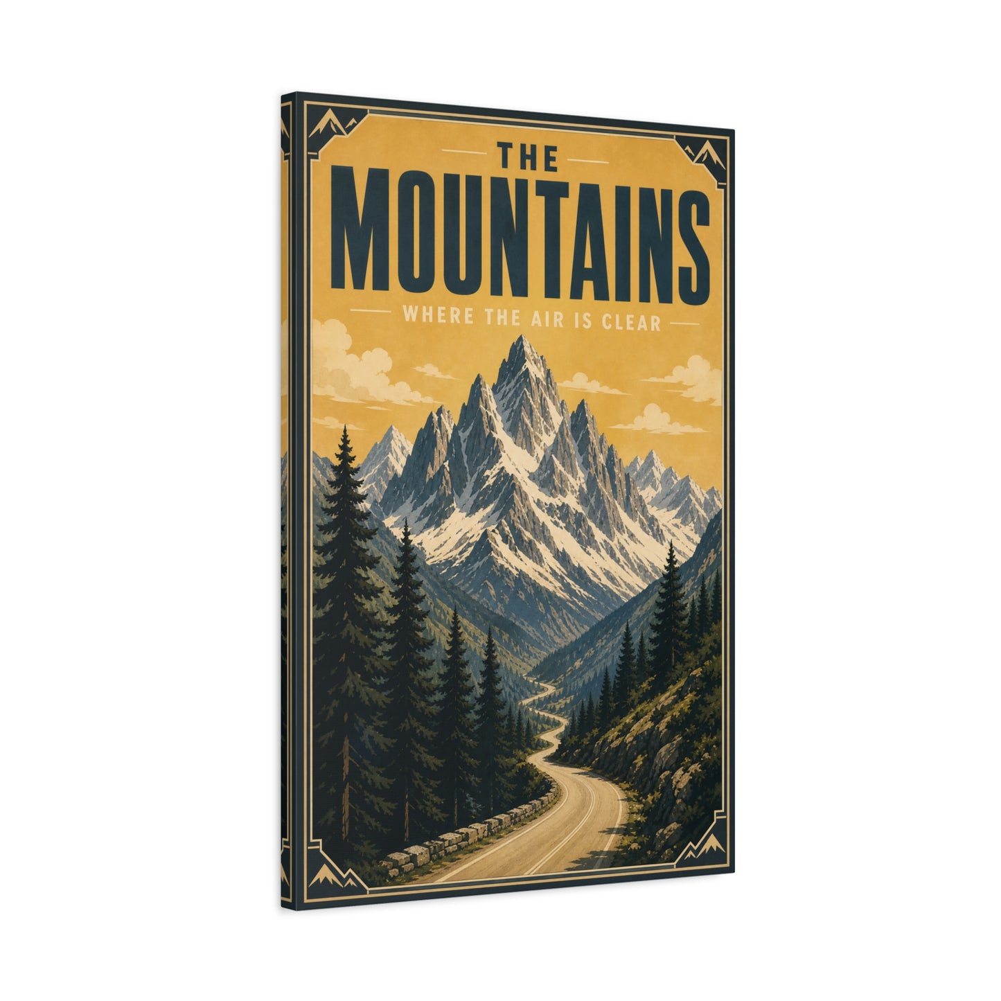 "The Mountains Where The Air Is Clear" Canvas Wall Art - Vintage Mountain Landscape Print, Golden Alpine Road Poster Style, Rustic Cabin Wall Decor - Ready to Hang - Bedroom Home Decoration