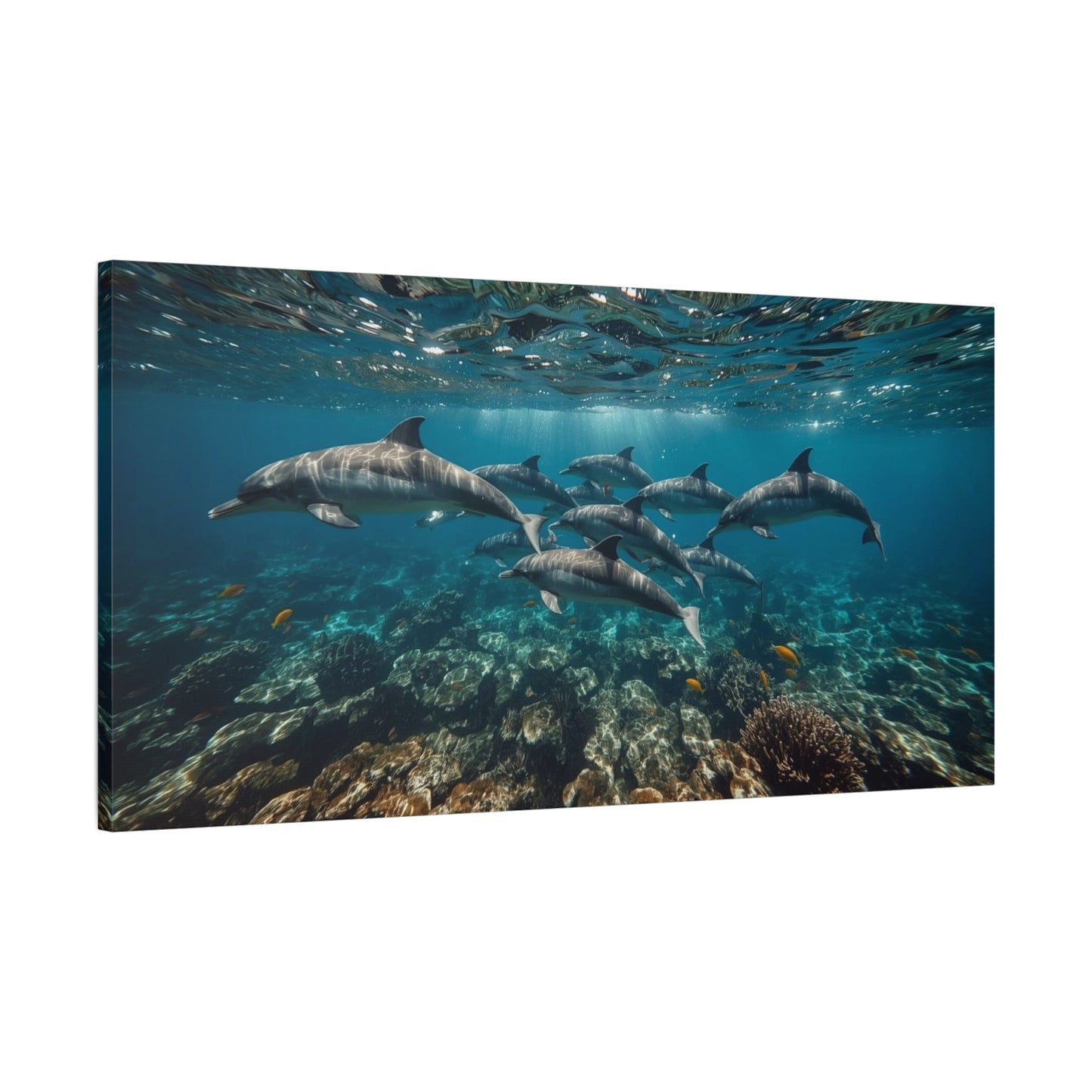 Dolphin School Canvas Wall Art - Underwater Ocean Art Print, Blue Coastal Decor - Matte Canvas Print, Contemporary Seascape Style - Living Room Wall Decor, Bedroom Home Decoration - Ready to Hang