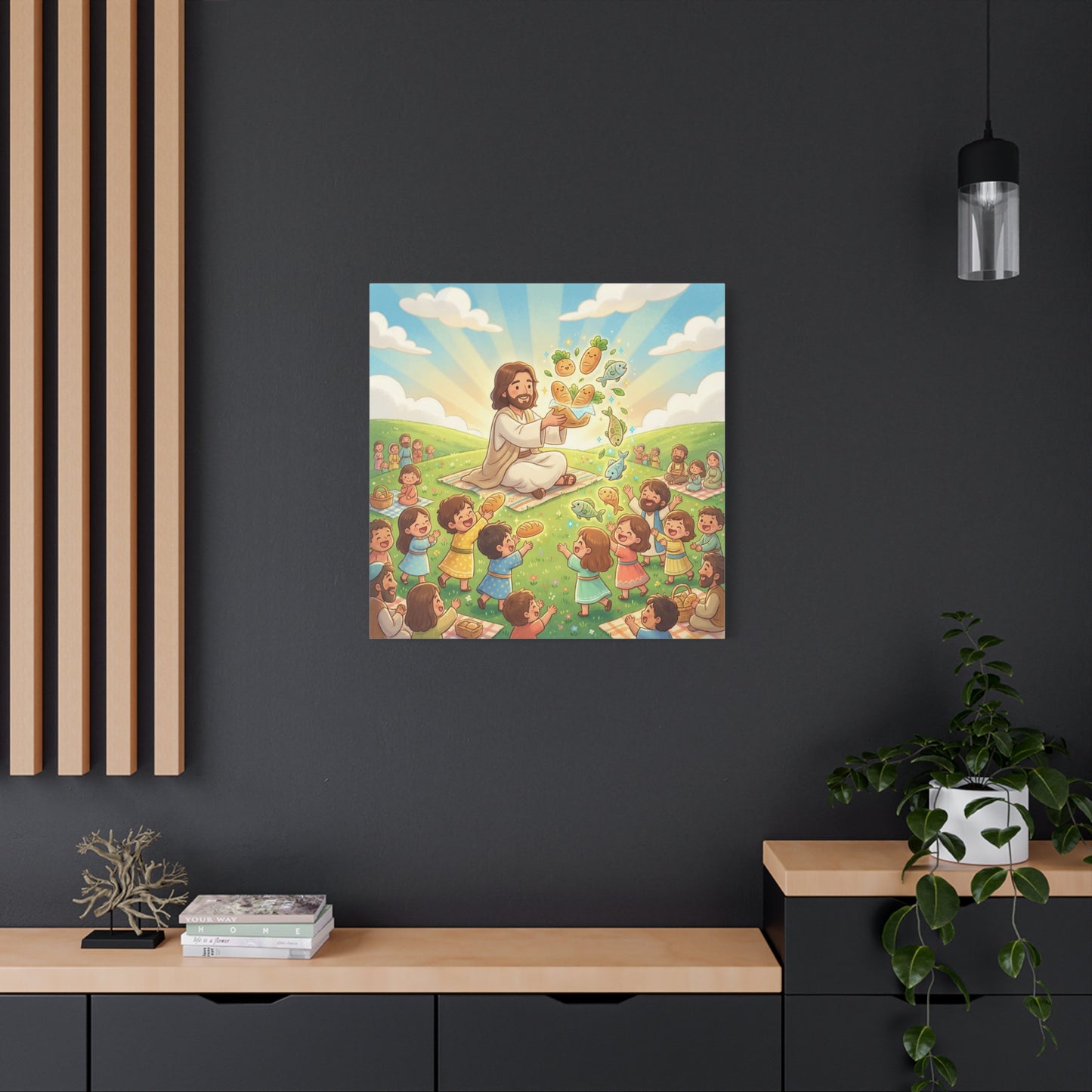 Jesus Feeding Multitude Canvas Wall Art - Loaves And Fish Bible Scene, Christian Nursery Decor - Matte Cotton Print, Kids Room Wall Decor, Sunday School Classroom - Bedroom Home Decoration