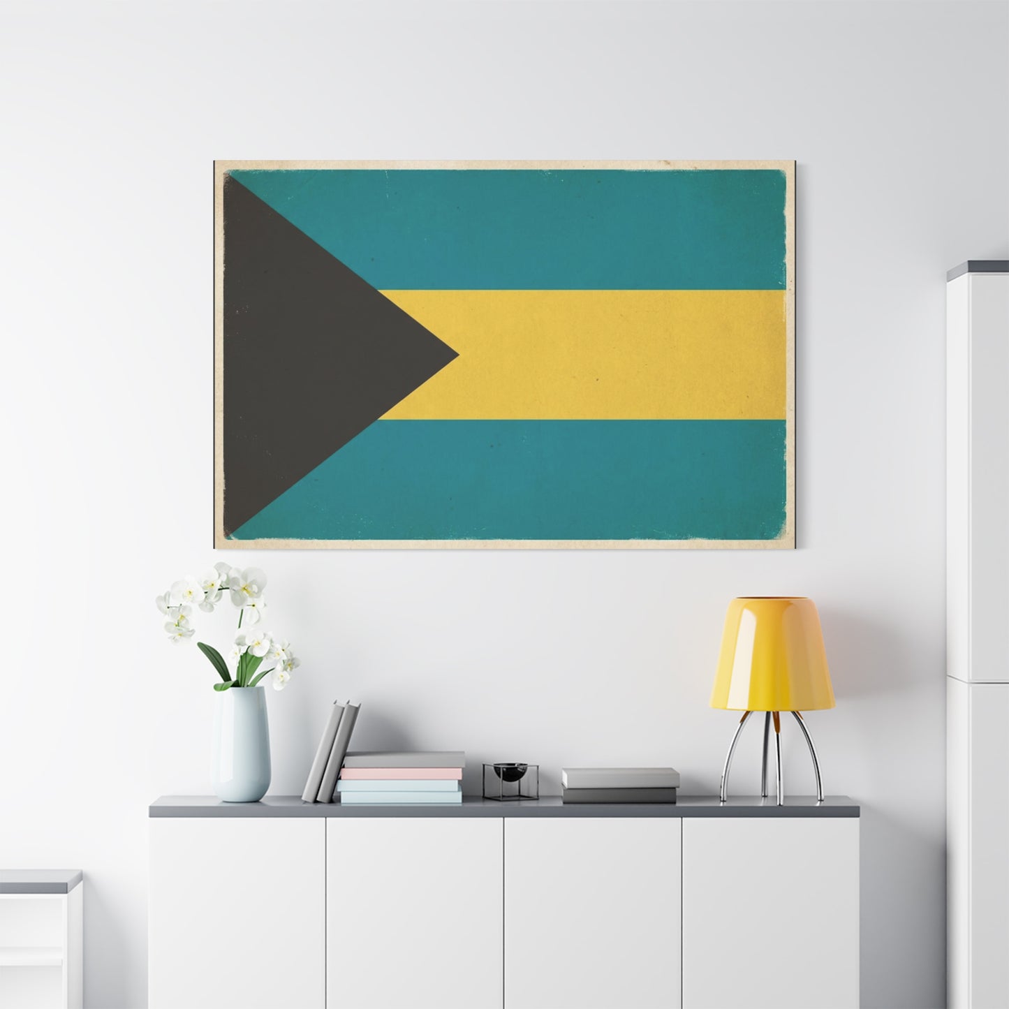 Bahamas Flag Canvas Wall Art - Vintage Caribbean National Flag Print, Blue Yellow Black Geometric Design - Coastal Decor - Living Room Home Decoration - Living Room Wall Decor - Modern Farmhouse Style