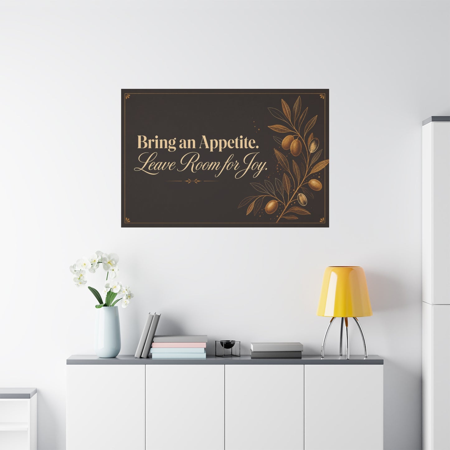 "Bring An Appetite. Leave Room For Joy." Typography Canvas Wall Art - Olive Branch Kitchen Decor - Vintage Dark Brown And Gold Quote Print - Dining Room Home Decoration - Bedroom Home Decoration