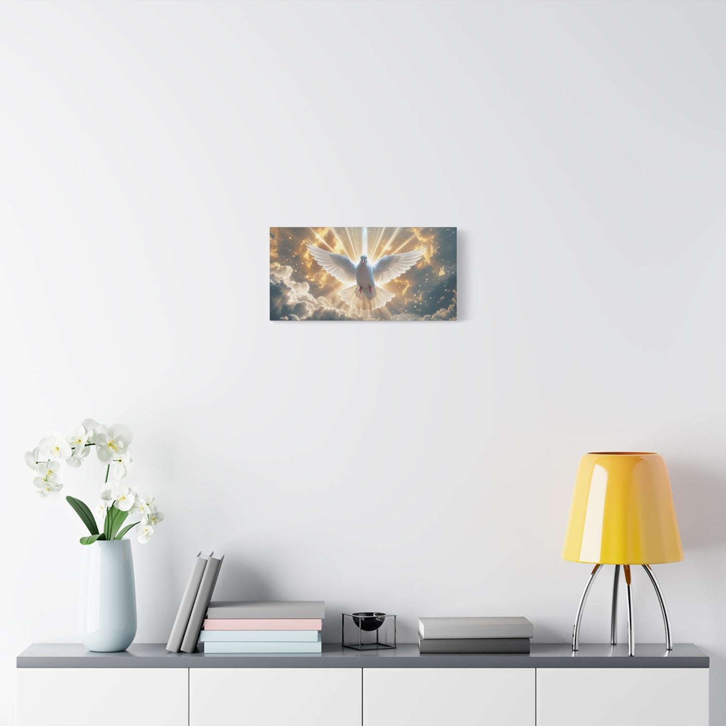 White Dove Canvas Wall Art - Holy Spirit Bird In Glowing Clouds, Radiant Sky Canvas Print - Golden Light Religious Decor - Living Room Home Decoration, Meditation Space Accent - Living Room Wall Decor