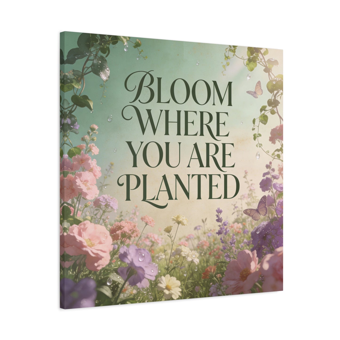 "Bloom Where You Are Planted" Inspirational Canvas Wall Art - Floral Butterfly Quote Print, Pastel Garden Typography Decor, Modern Farmhouse Style, Bedroom Home Decoration - Living Room Wall Decor