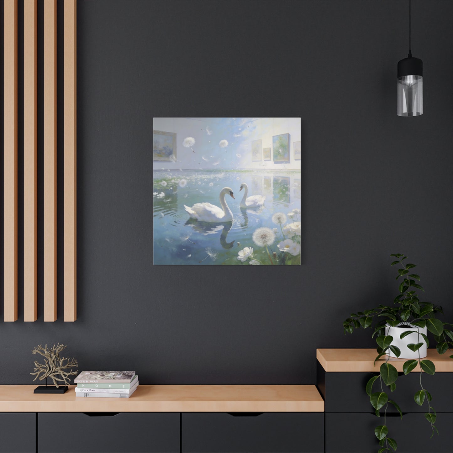 White Swan Canvas Wall Art - Serene Pond With Dandelion Seeds, Soft Blue Water Reflection - Dreamy Traditional Style - Living Room Wall Decor, Bedroom Home Decoration, Office Art - Ready to Hang
