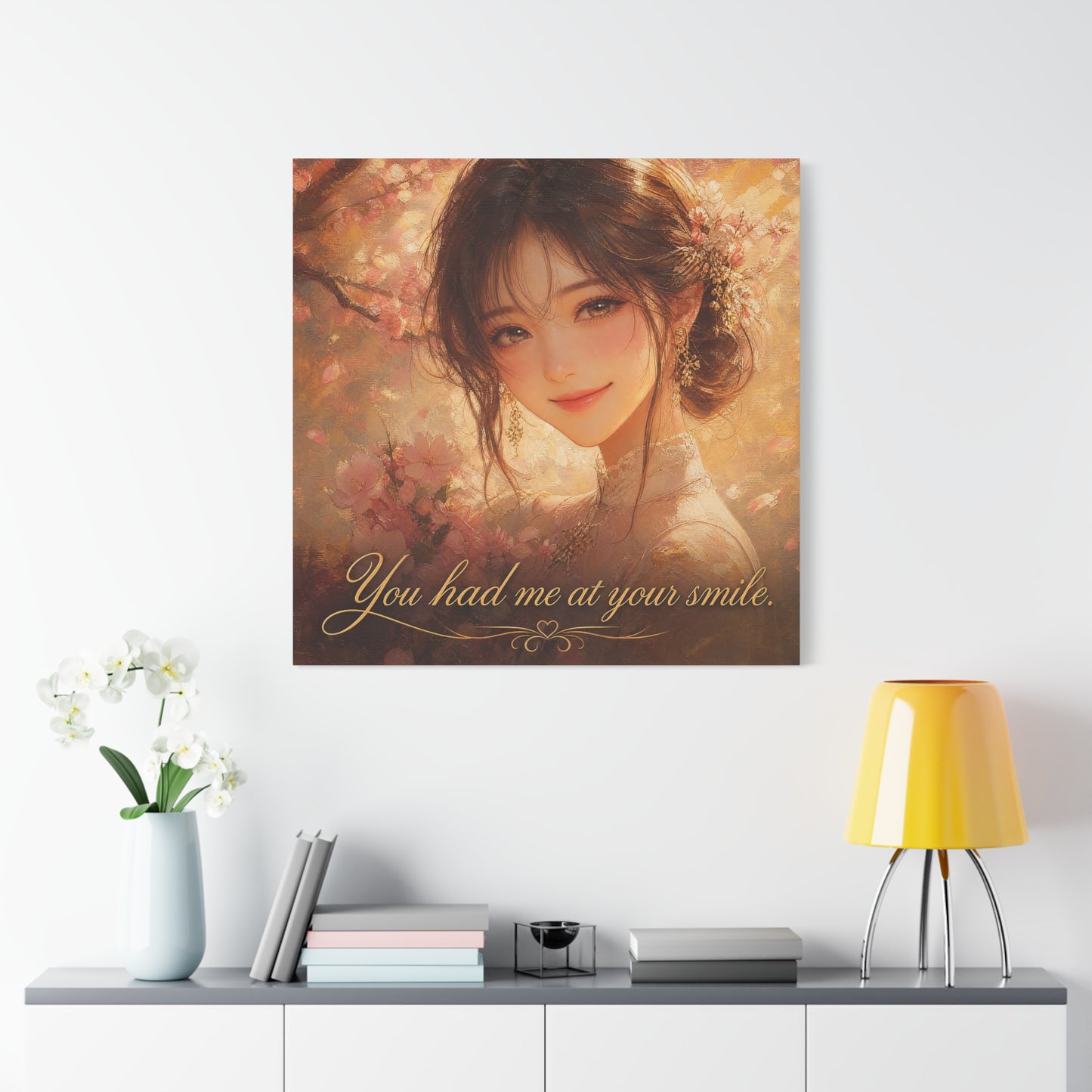 You Had Me At Your Smile Portrait Canvas Wall Art - Romantic Floral Woman Quote Print - Golden Blush Illustration - Traditional Style Living Room Decor - Ready to Hang - Living Room Wall Decor
