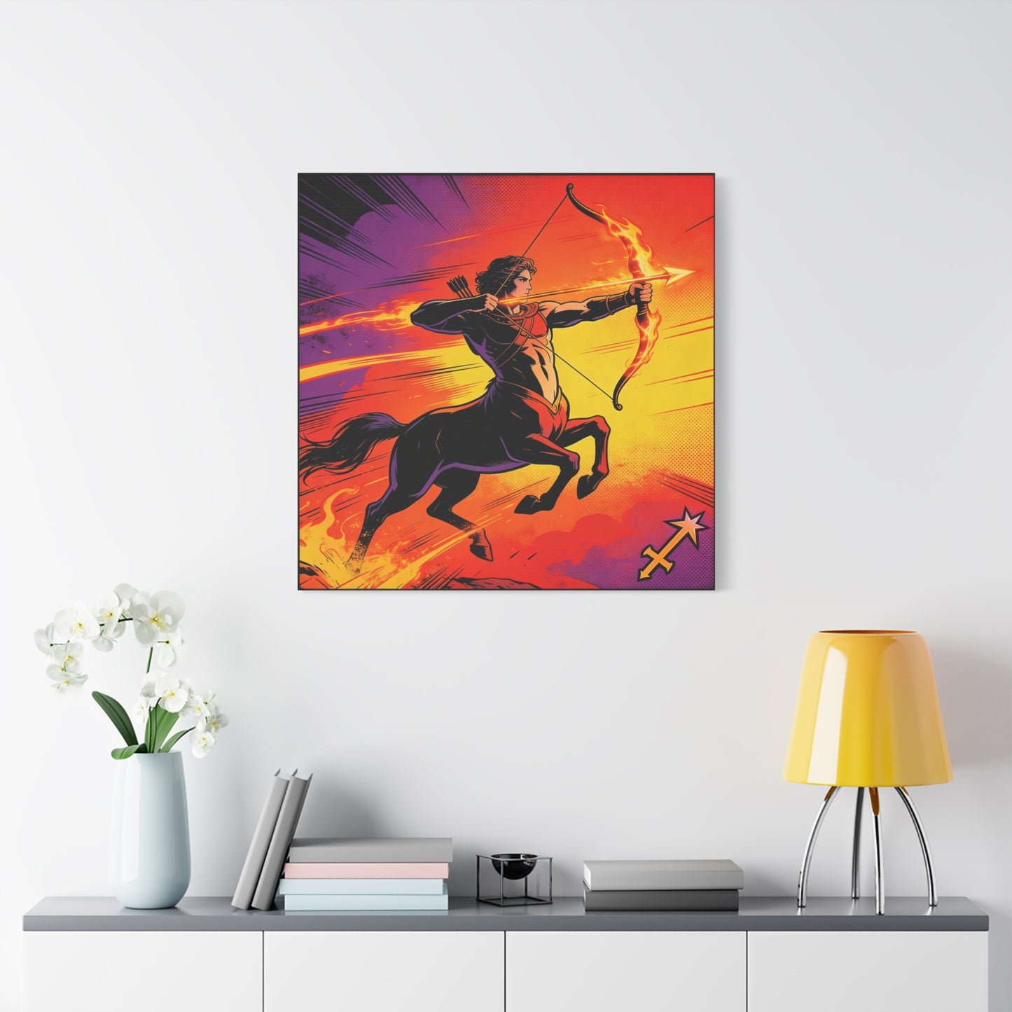 Sagittarius Centaur Archer Canvas Wall Art - Fiery Zodiac Illustration, Bold Mythology Decor - Matte Canvas Print, Modern Pop Art Style - Bedroom Home Decoration, Office Wall Decor - Ready to Hang