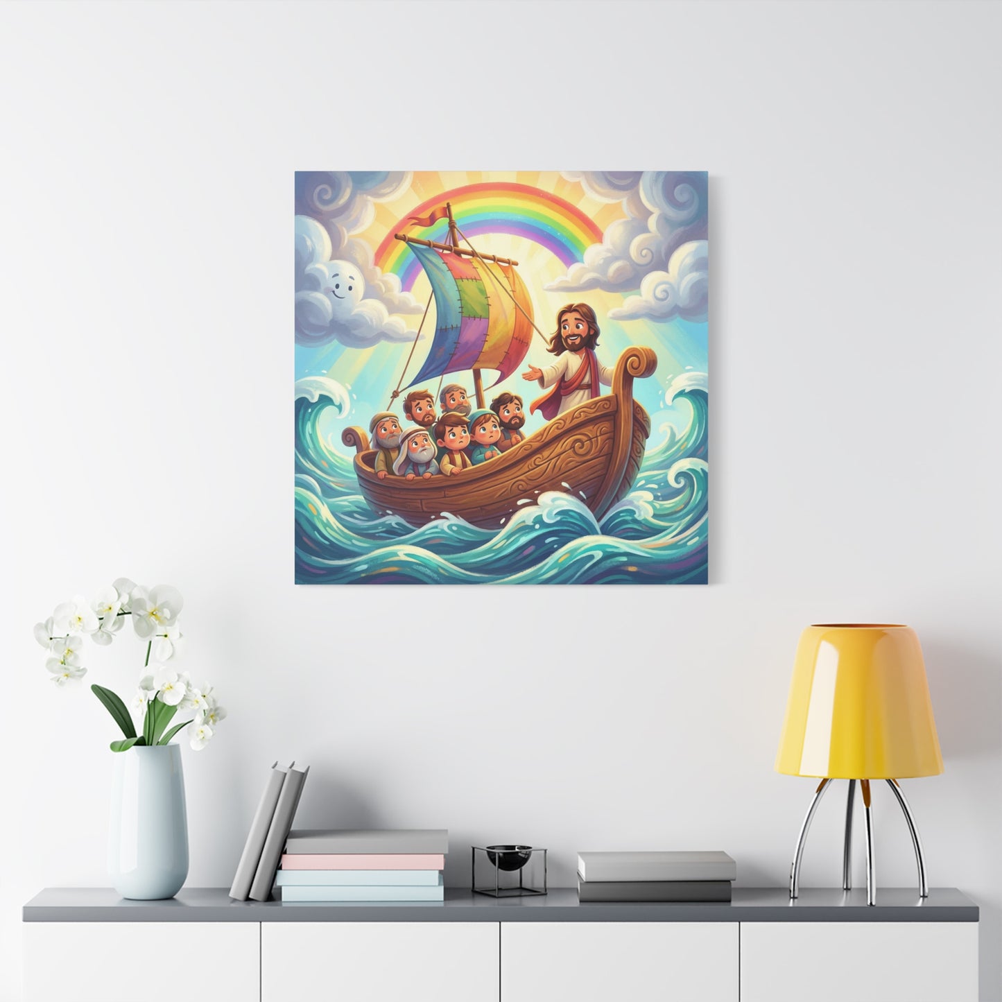 Jesus Boat Canvas Wall Art - Rainbow Sail, Disciples At Sea, Christian Nursery Decor - Matte Cotton Print - Whimsical Religious Style For Kids Bedroom Playroom Home Decoration - Living Room Wall Decor