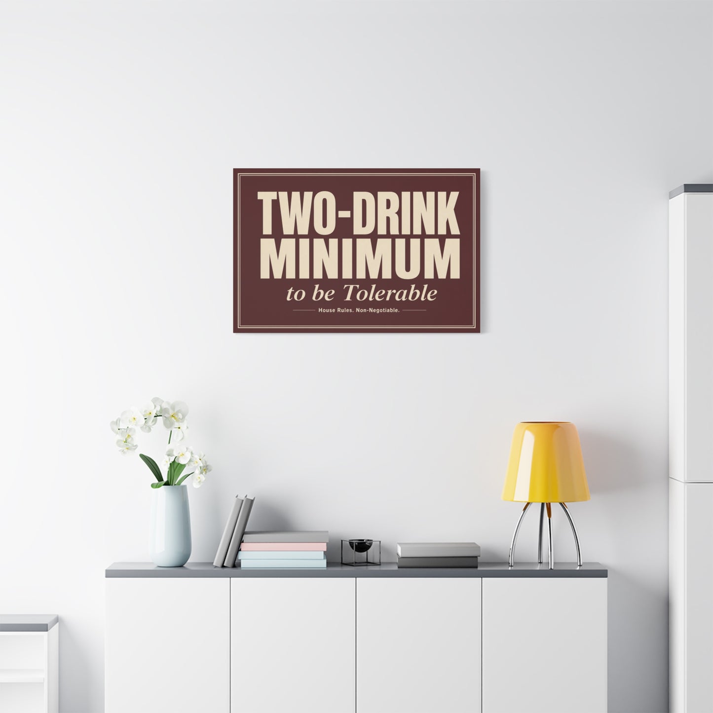"TWO-DRINK MINIMUM to be Tolerable" Funny Typography Canvas Wall Art - Vintage Bar Quote Decor, Retro Humor Sign, Burgundy Cream Wall Hanging - Ready to Hang - Cocktail Lounge Decor - HP Latex Print